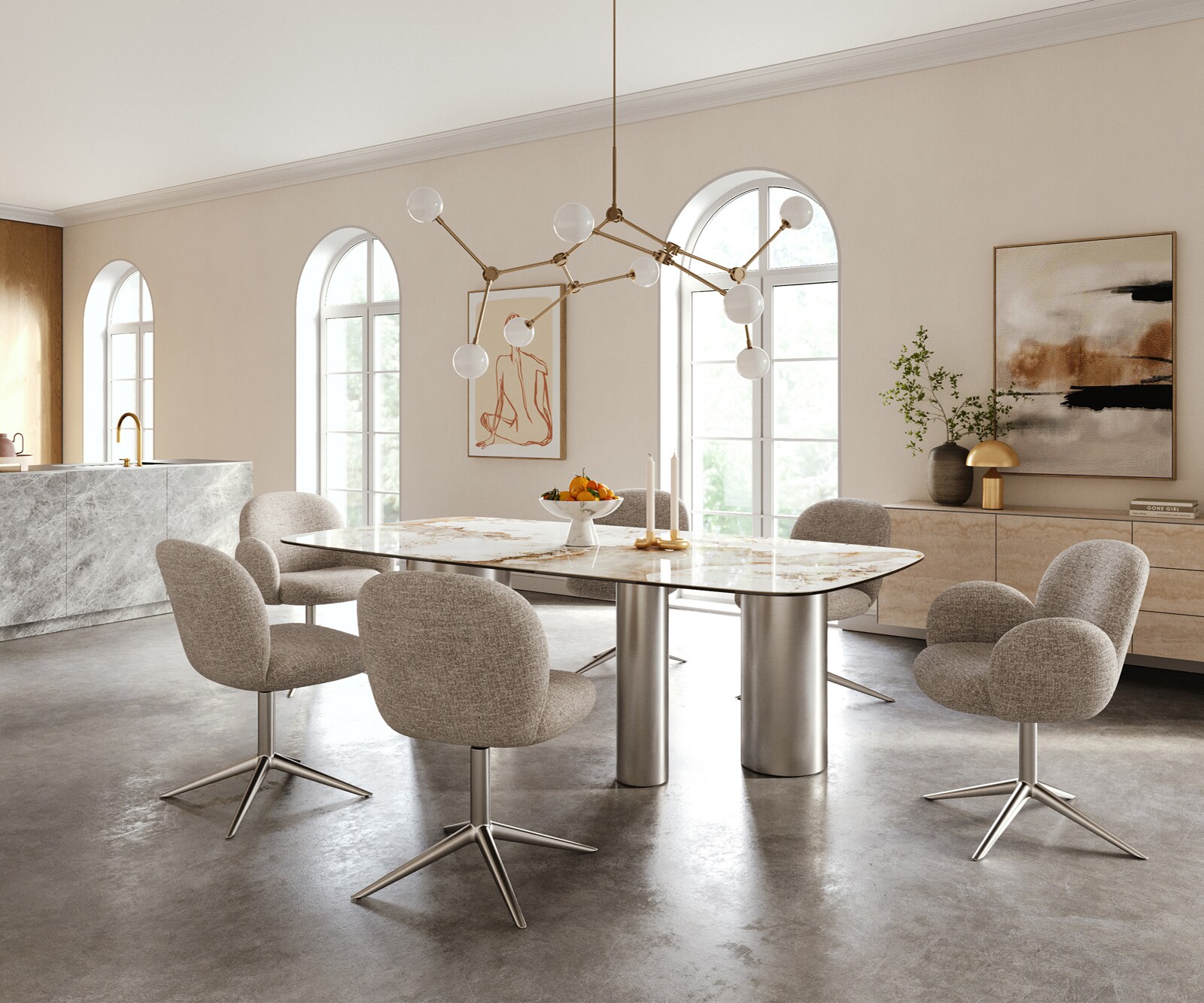 Eettafel Edge Boot 240x120 cm Keramiek Minas Melange Wit-Beige Troa Roestvrij staal gebürstet 6