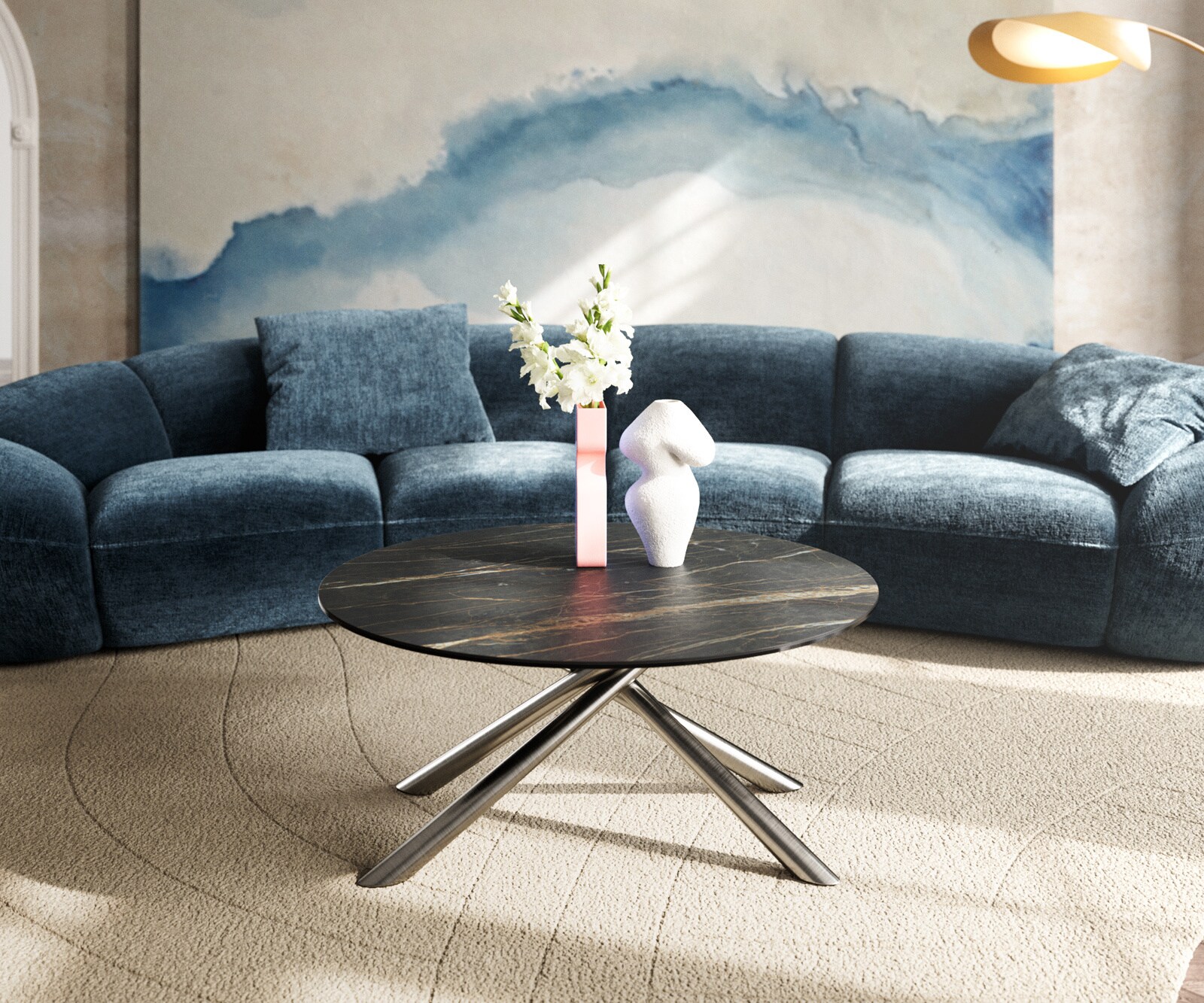 Salontafel Edge rond 90x90 cm keramiek Laminam® Noir Desir bruin Sarity geborsteld roestvrij staal 1