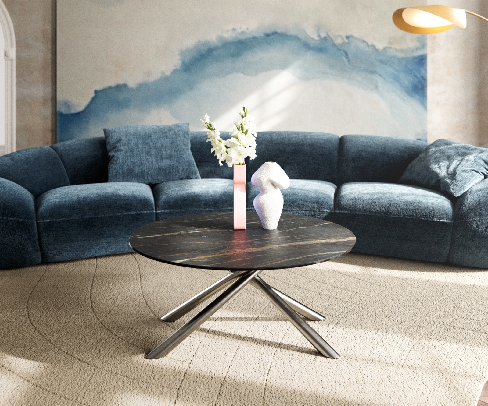 Salontafel Edge rond 90x90 cm keramiek Laminam® Noir Desir bruin Sarity geborsteld roestvrij staal 2