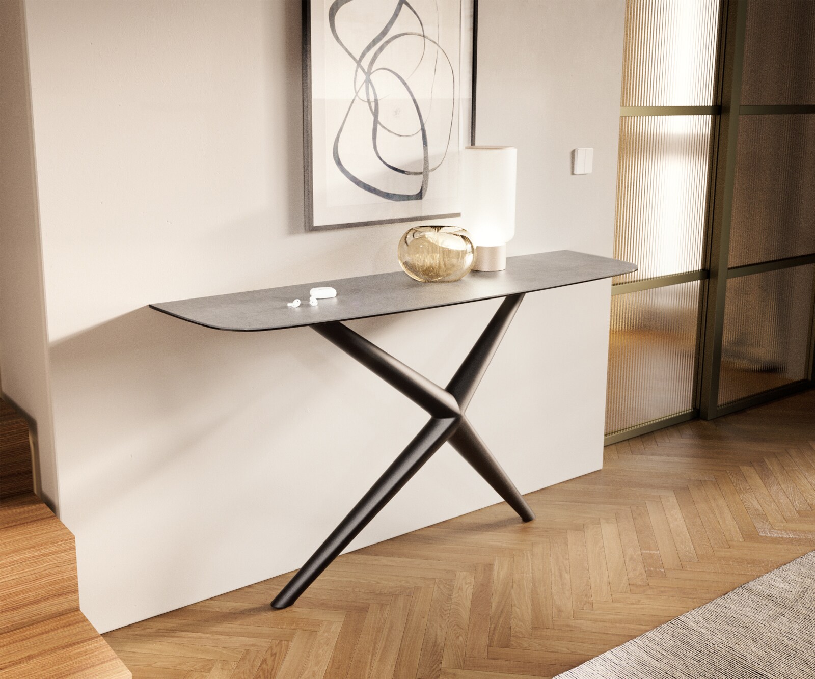 Consoletafel Edge Bootvorm 140x40 cm Keramiek Betongrijs Estelo Metaal Zwart 4