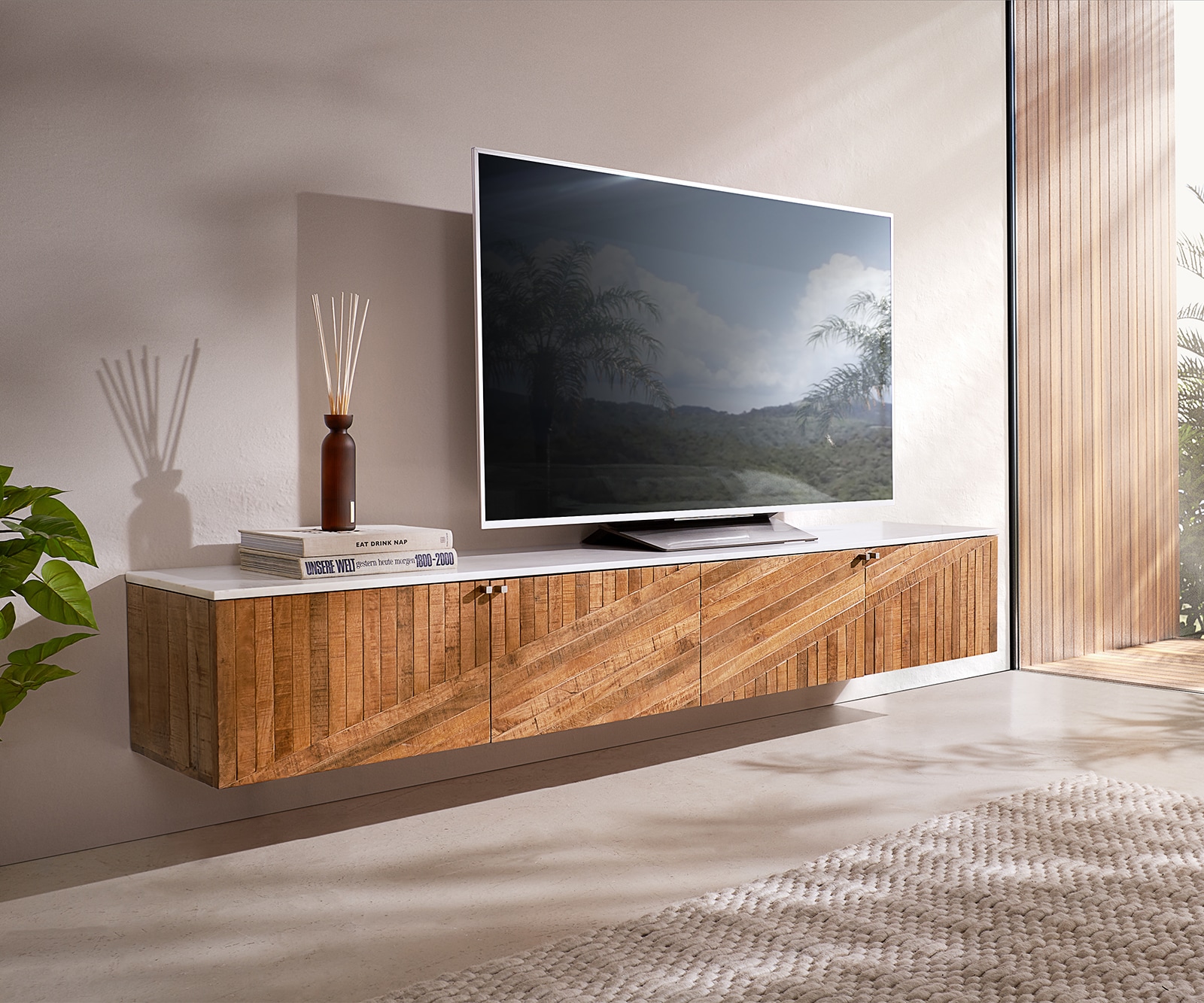 Tv-meubel Bahan 200 cm mango teak 4 deuren marmer top wit zwevend