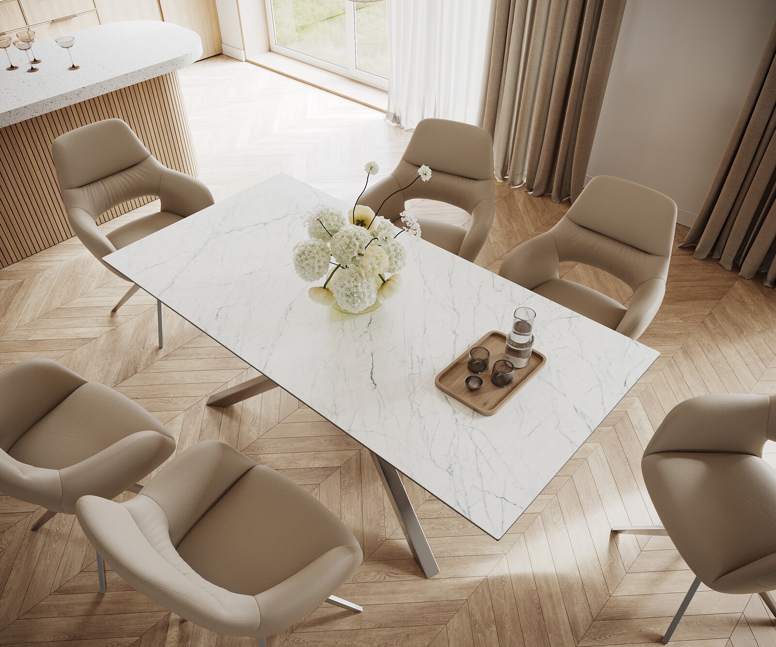 Eettafel Edge 200x100cm Laminam® keramiek wit middenpoot kruis zilver 3