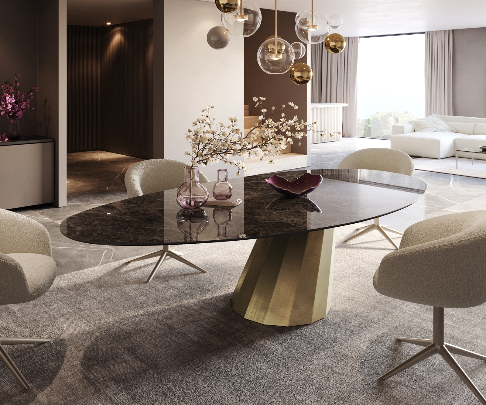 Eettafel Edge Oval 280x130 keramiek  Laminam® Emperador Extra Lucidato donkerbruin Parabel metaal goud 1