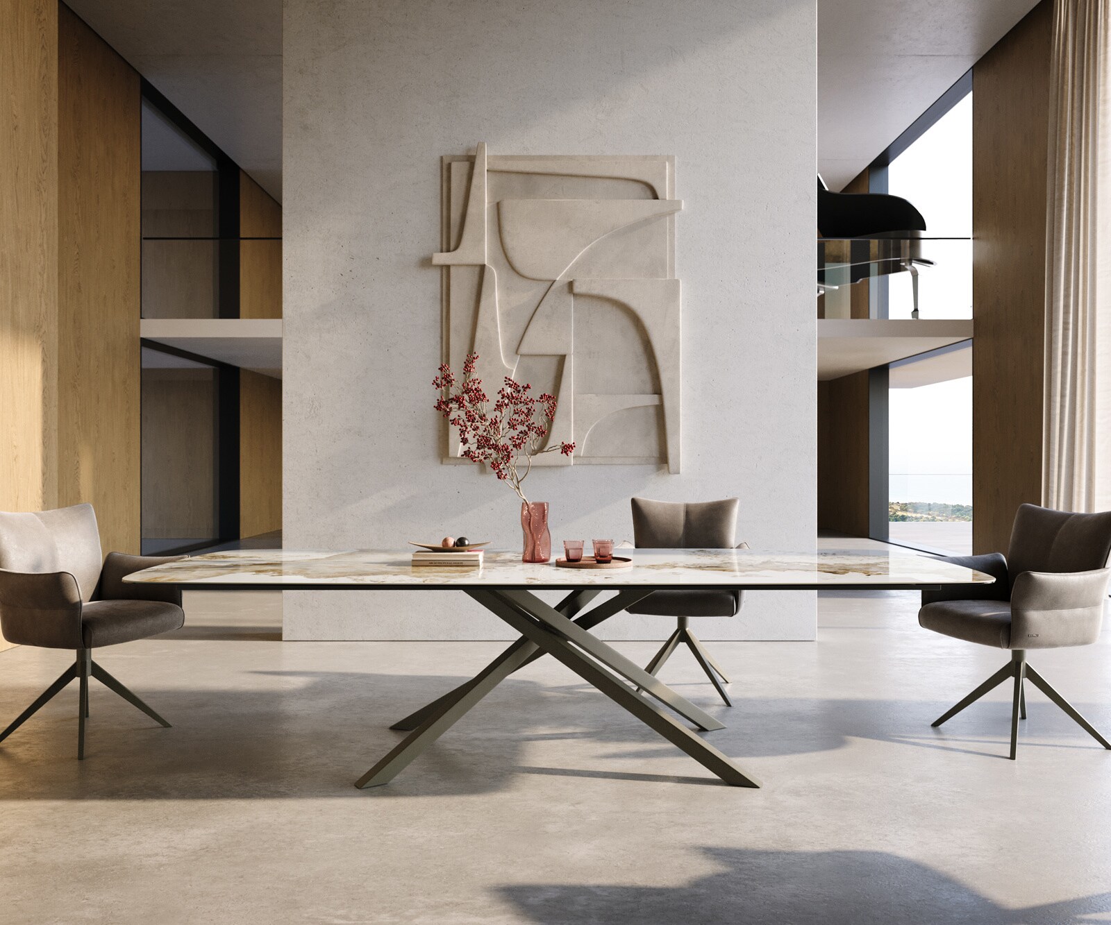 Eettafel Edge Boot 300x120 cm Keramiek Minas Melange Wit-Beige kruisonderstel Rechthoek Effectafwerking Titan 2