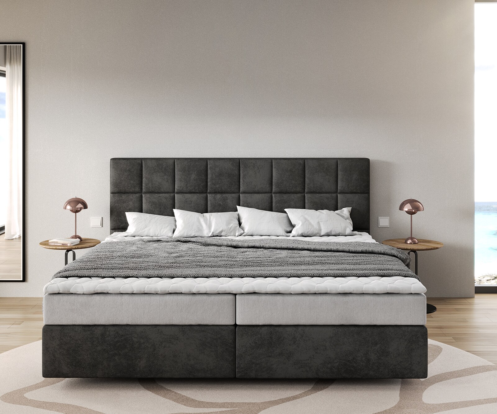 Boxspringbed Dream-Fine microvezel antraciet vintage 200x200 cm Bonell matras PU topper 1