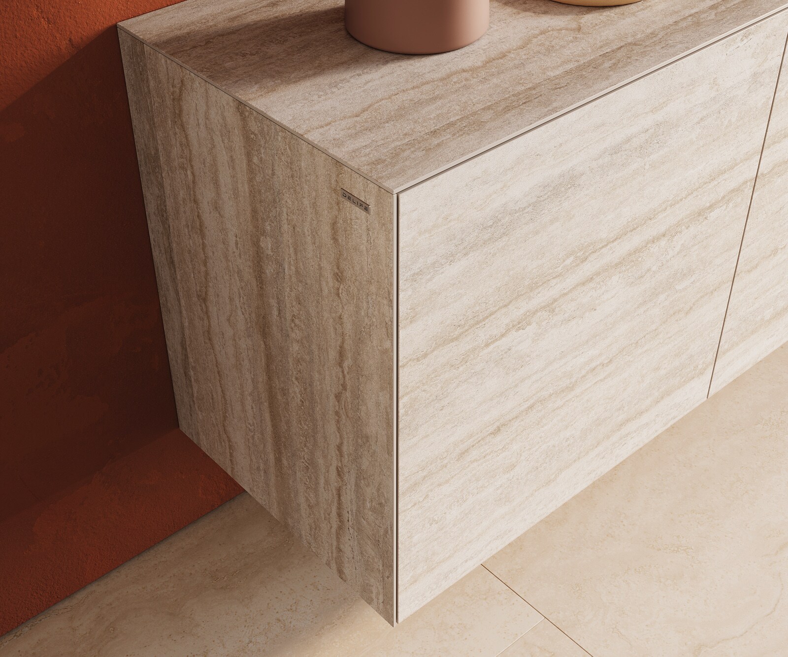 Dressoir Cuor 180 cm Keramiek Laminam® Travertino Bianco Crème-wit 2 Deuren 3 Laden Zwevend 6