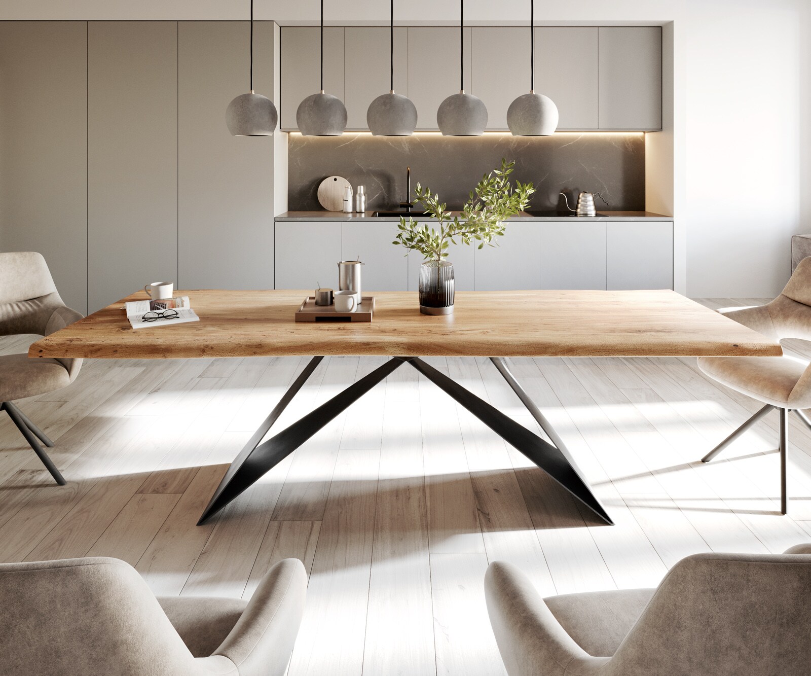 Eettafel Edge 260x100 acacia natuur V-frame vlakstaal zwart Live-Edge 2