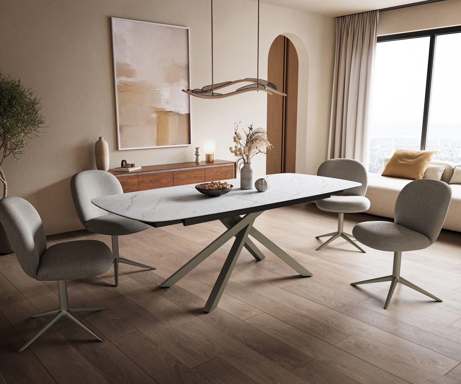 Eettafel Edge Boot 180-220x100 cm Keramiek Laminam® Statuarietto Wit kruisonderstel Rechthoek Effectafwerking Titan uitschuifbaar 6