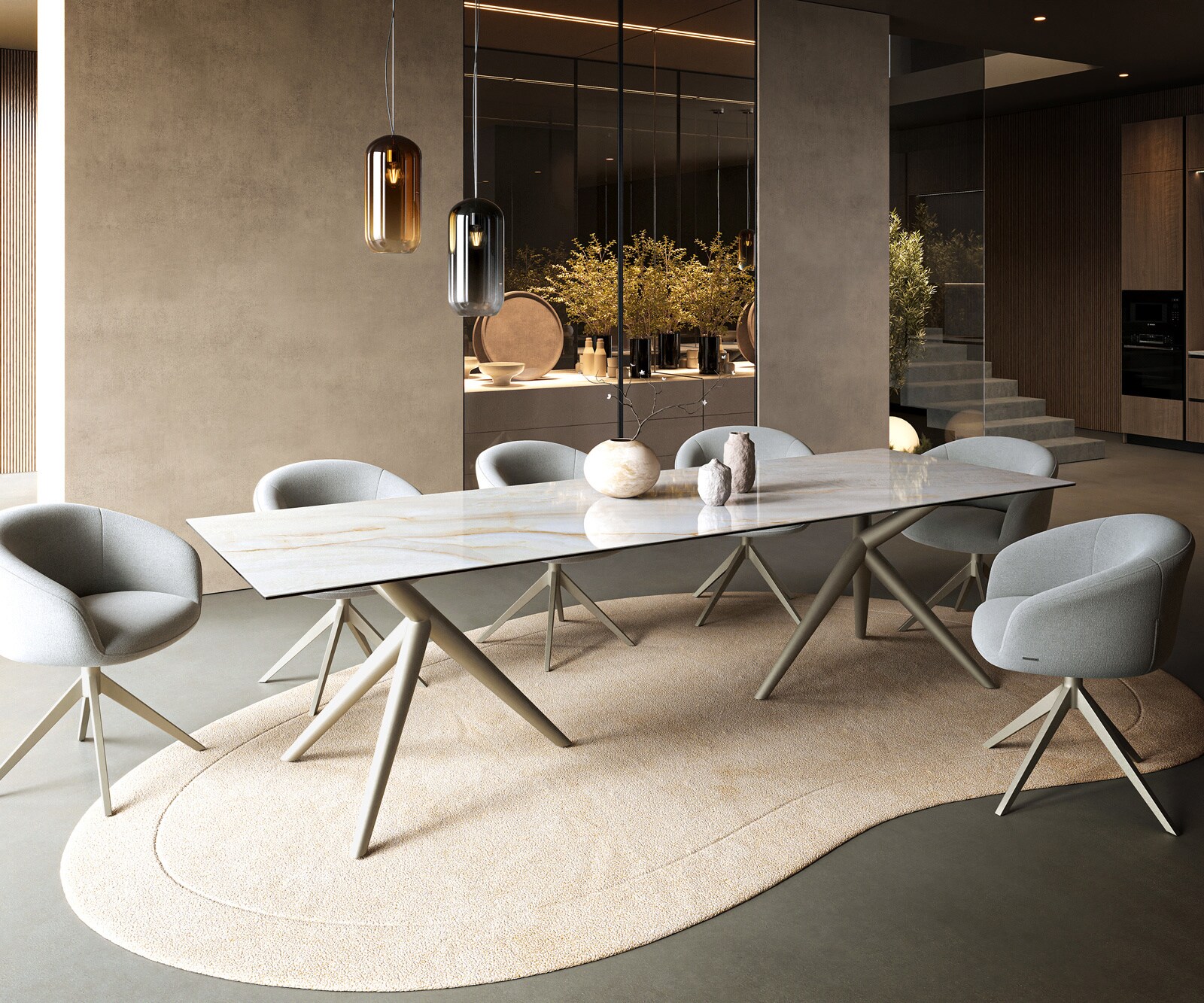 Eettafel Edge 300x100 cm keramiek Onyx Pearl Estelar rond metaal effectfinish titan 6