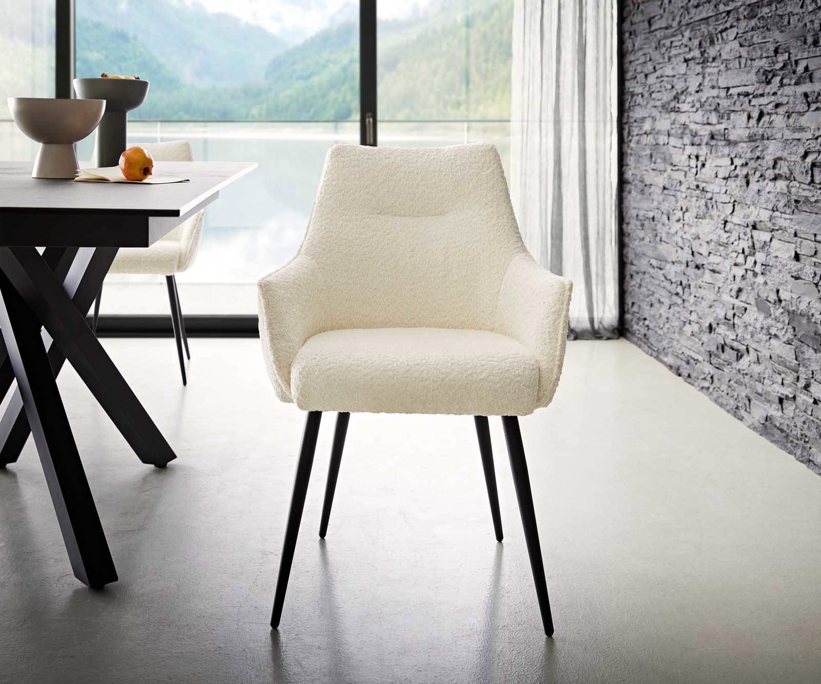 Eetkamerstoel Alja-Flex met armleuning bouclé wit 4-poot conisch zwart pocketveer kern 1 Eetkamerstoel Alja-Flex met armleuning bouclé wit 4-poot conisch zwart pocketveer kern 1