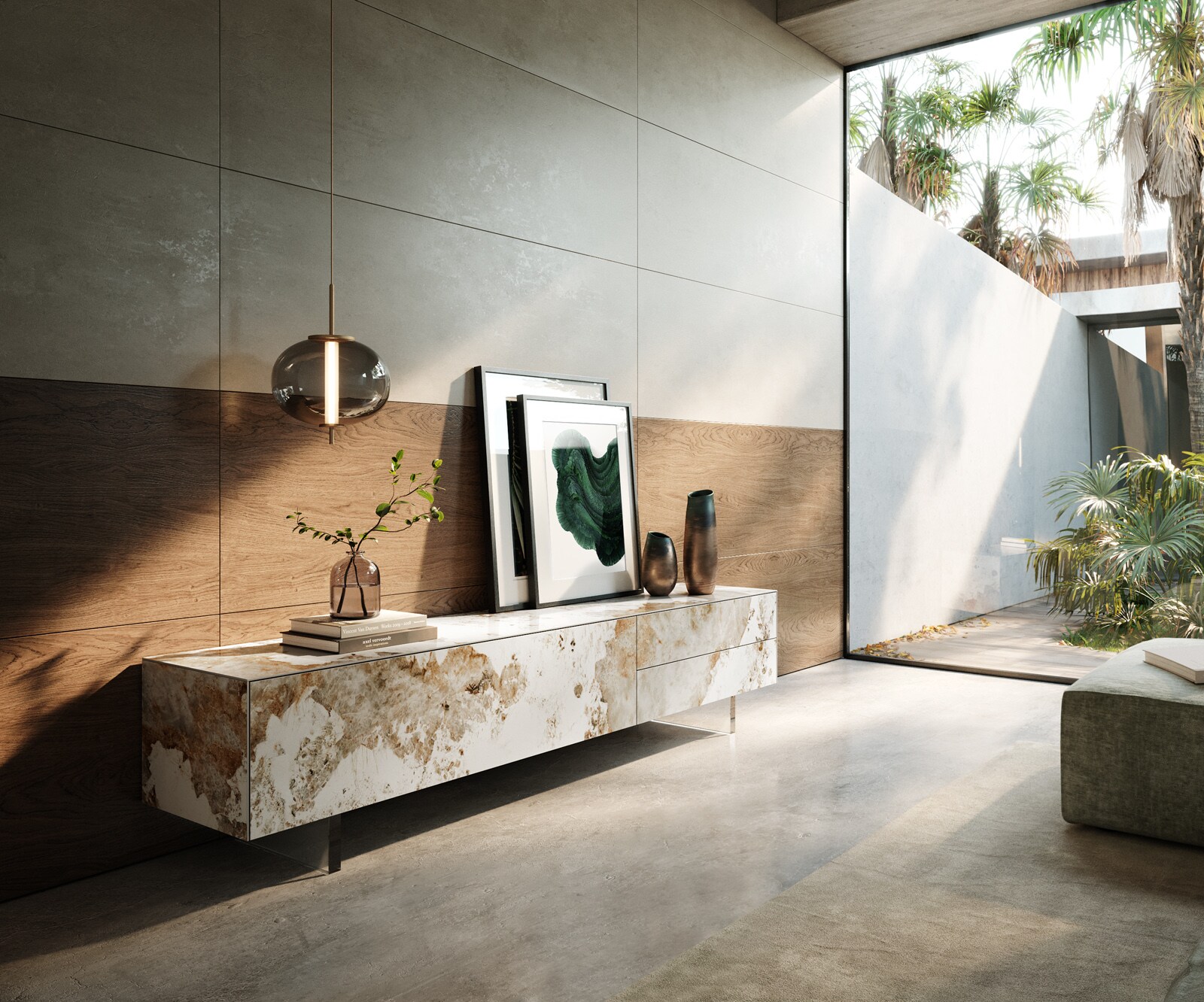 Tv-meubel Cuor 220 cm Keramiek Minas Melange Wit-beige 1 Flap 2 Laden Zwevende voet look Acrylglas
