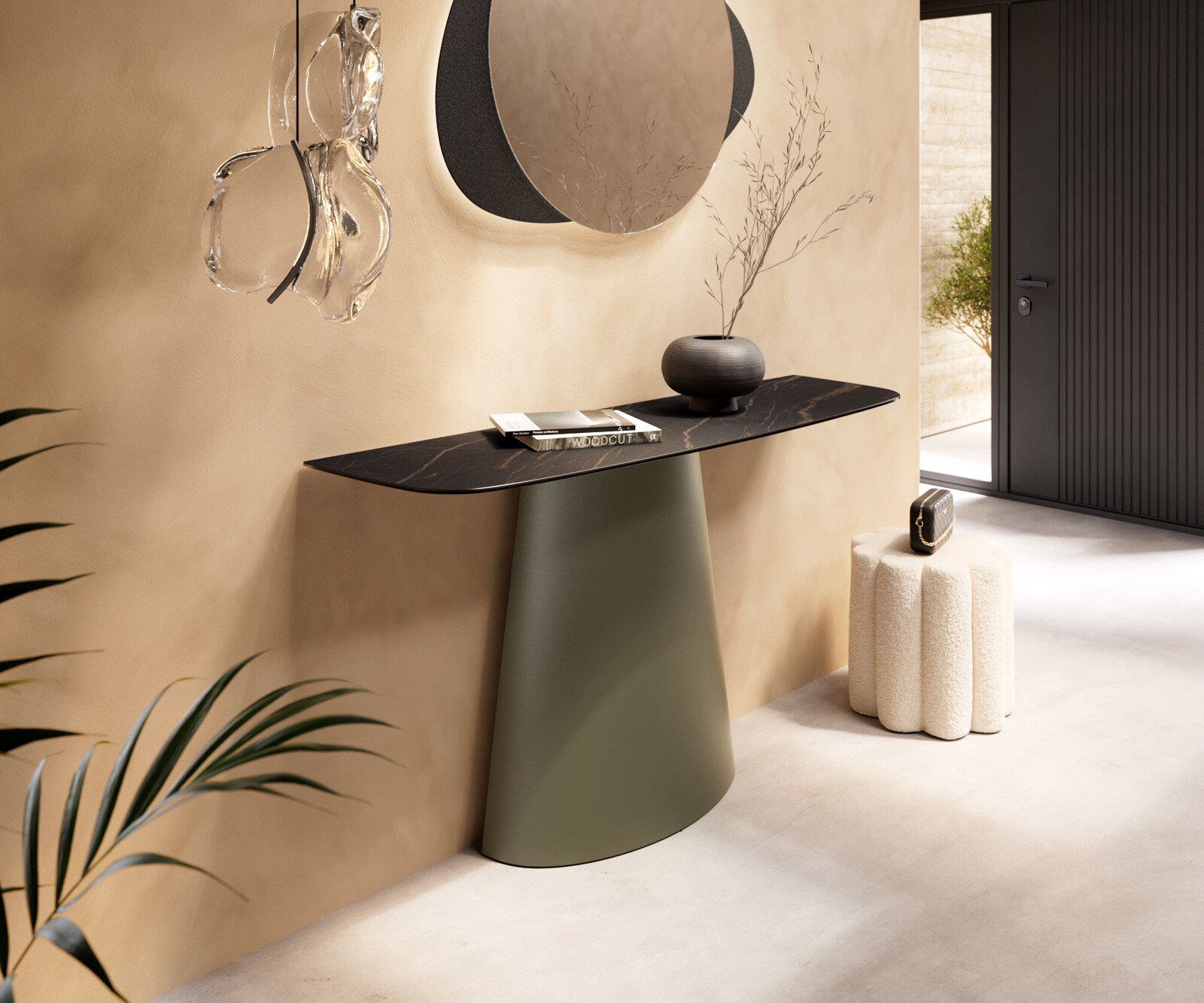 Consoletafel Edge Bootvorm 140x40 cm Keramiek Laminam® Noir Desir Braun Conos Metaal Effektfinish Titan 2