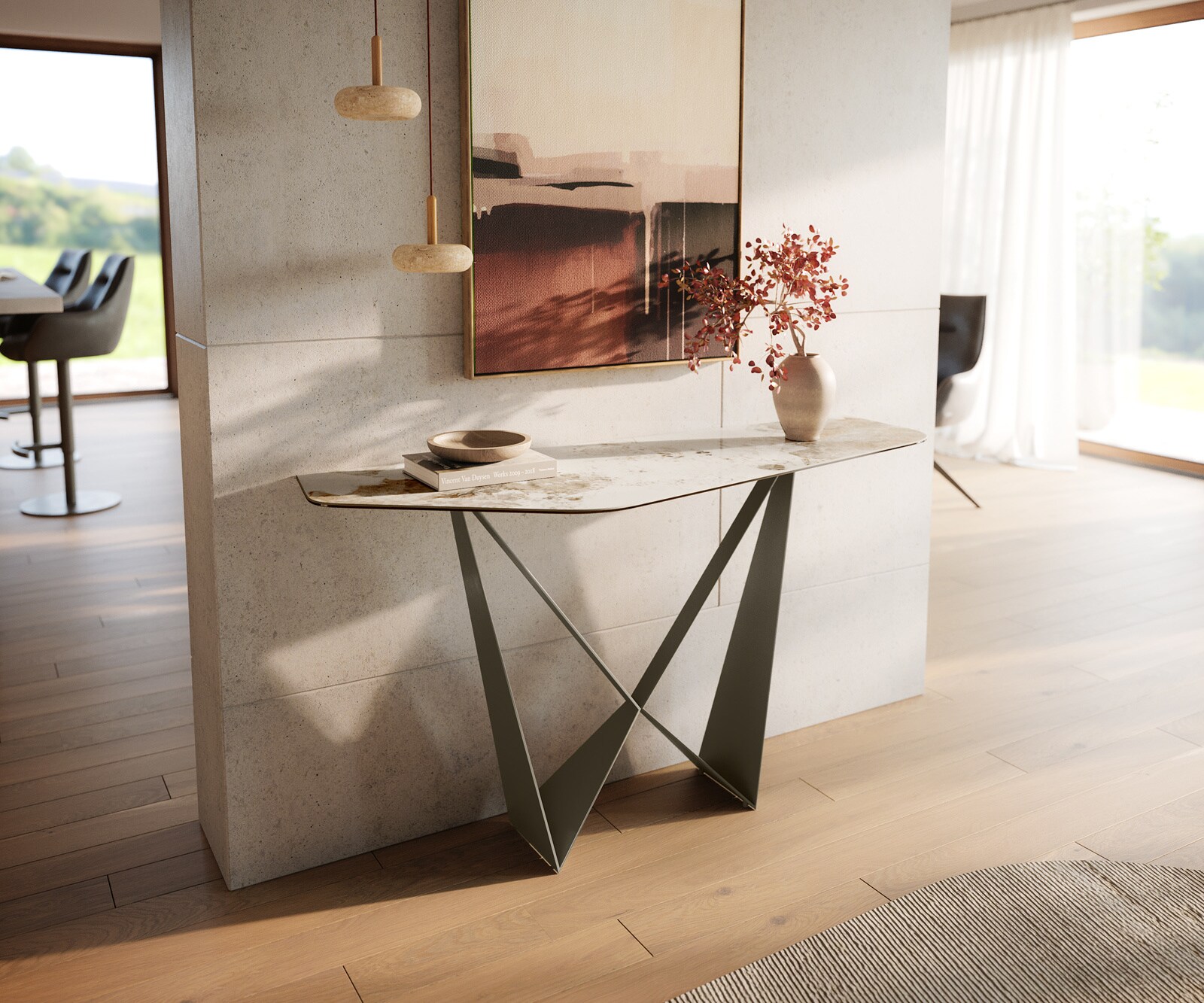 Consoletafel Edge Polygonaal 140x50 cm Keramiek Minas Melange Weiß-Beige Spios Metaal Effektfinish Titan 1
