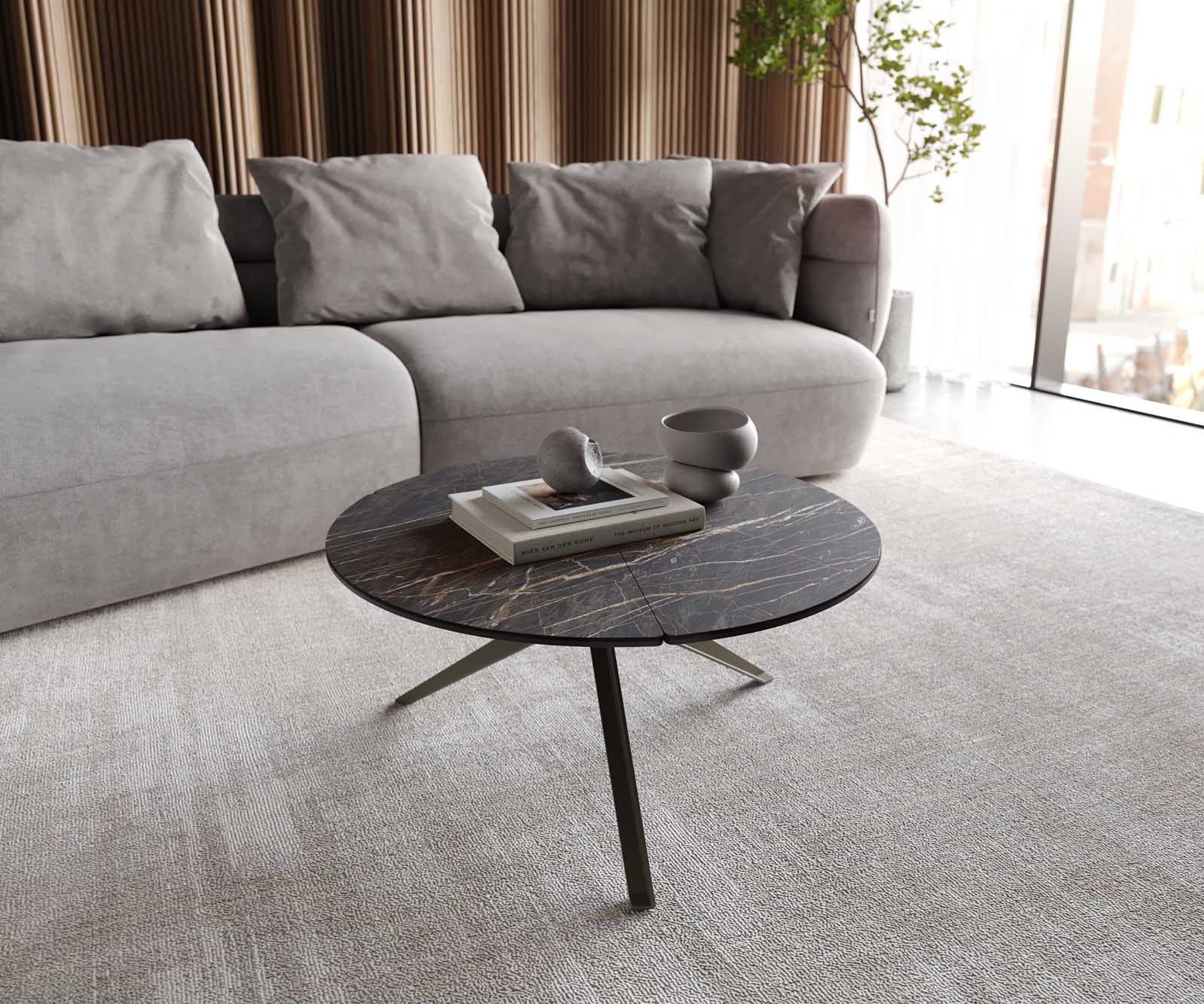 Salontafel Delron 70x70 cm keramiek Laminam®Noir Desir Bruin Kruisvoet plat metaal effect afwerking Titanium