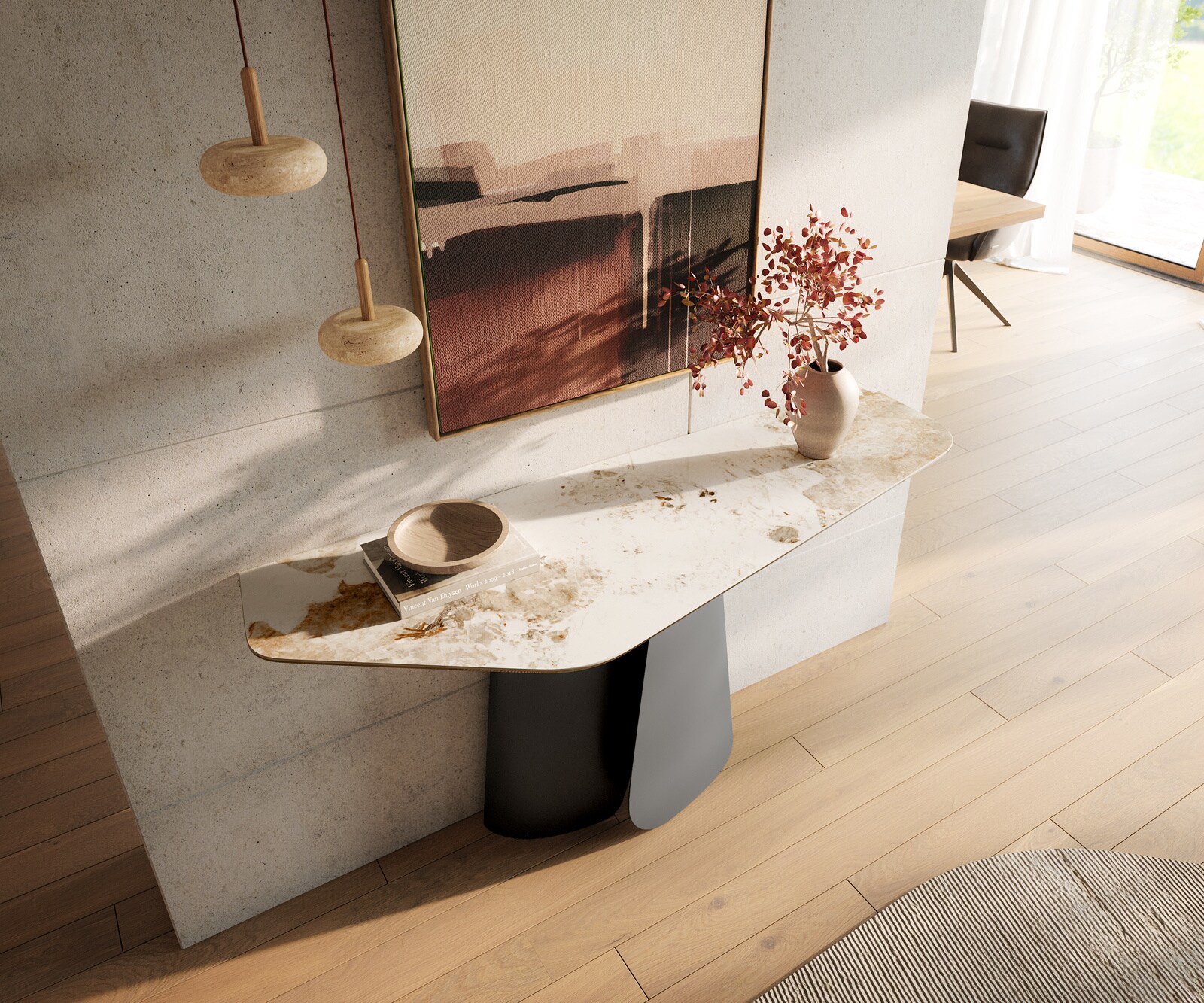 Consoletafel Edge Polygonaal 140x50 cm Keramiek Minas Melange Weiß-Beige Livos Metaal Zwart 2