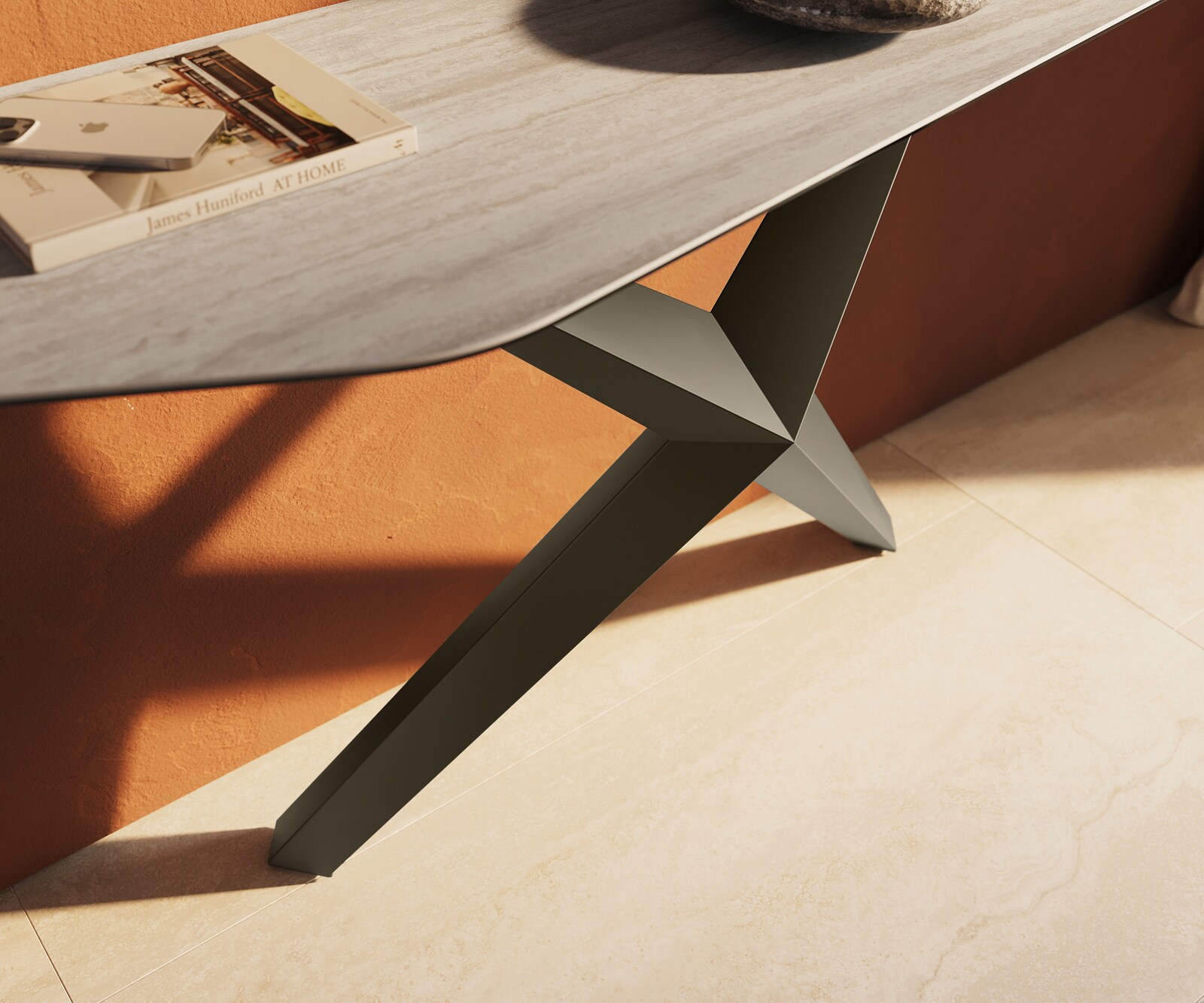 Consoletafel Edge Polygonaal 180x50 cm Keramiek Laminam® Travertino Bianco Creme-Weiß Zentharo Metaal Effektfinish Titan 6