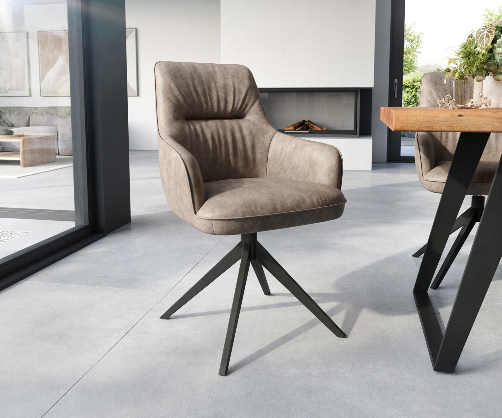 Eetkamerstoel Zelia-Flex met armleuning microvelours taupe vintage kruisframe breed zwart pocketveer kern