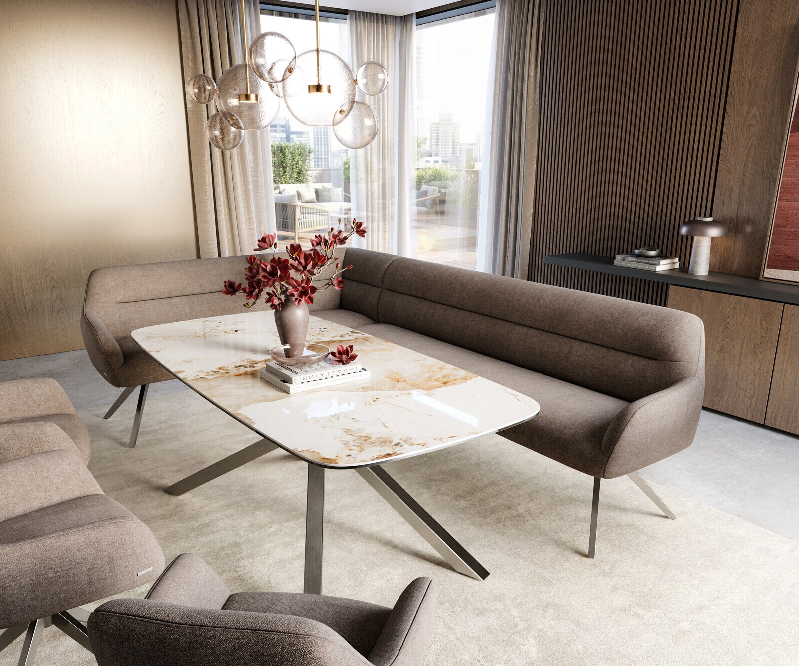 Eetkamerbank Taya-Flex 285x190 cm zachte stof met structuur taupe hoekig kruisframe roestvrij staal pocketvering rechts 1