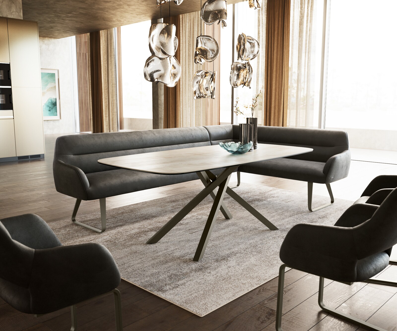 Eetkamerbank Taya-Flex 285x190 cm microvelours anthraciet vintage platte sledebasis afwerking met titaniumeffect pocketvering links 1