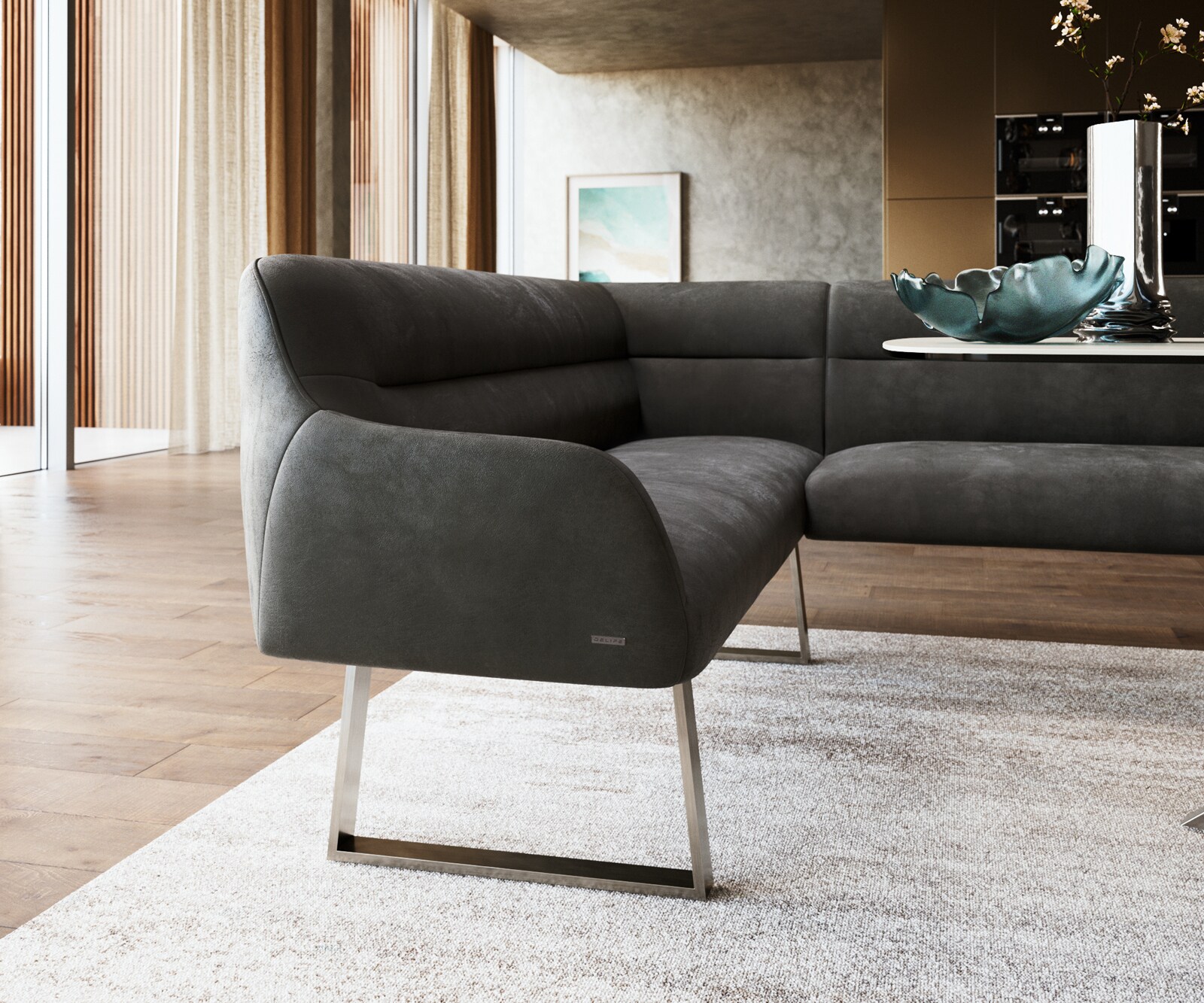 Eetkamerbank Taya-Flex 285x190 cm microvelours anthraciet vintage gekant sledeframe roestvrij staal pocketvering links 4