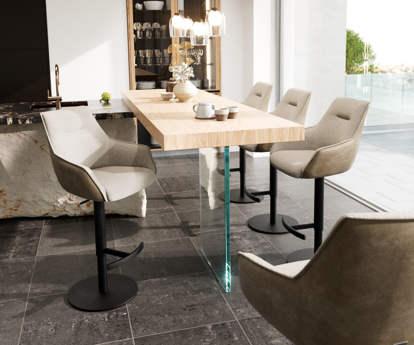 Barstoel Alja-Flex materiaalmix microvezel Mud / bouclé Mud draaivoet in hoogte verstelbaar metaal zwart draaibaar pocketvering 4