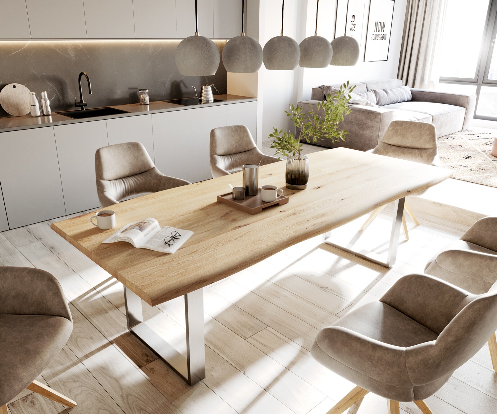 Eettafel Edge 260x100x2,5-3 eiken natuur roestvrijstaal smal Live-Edge 1