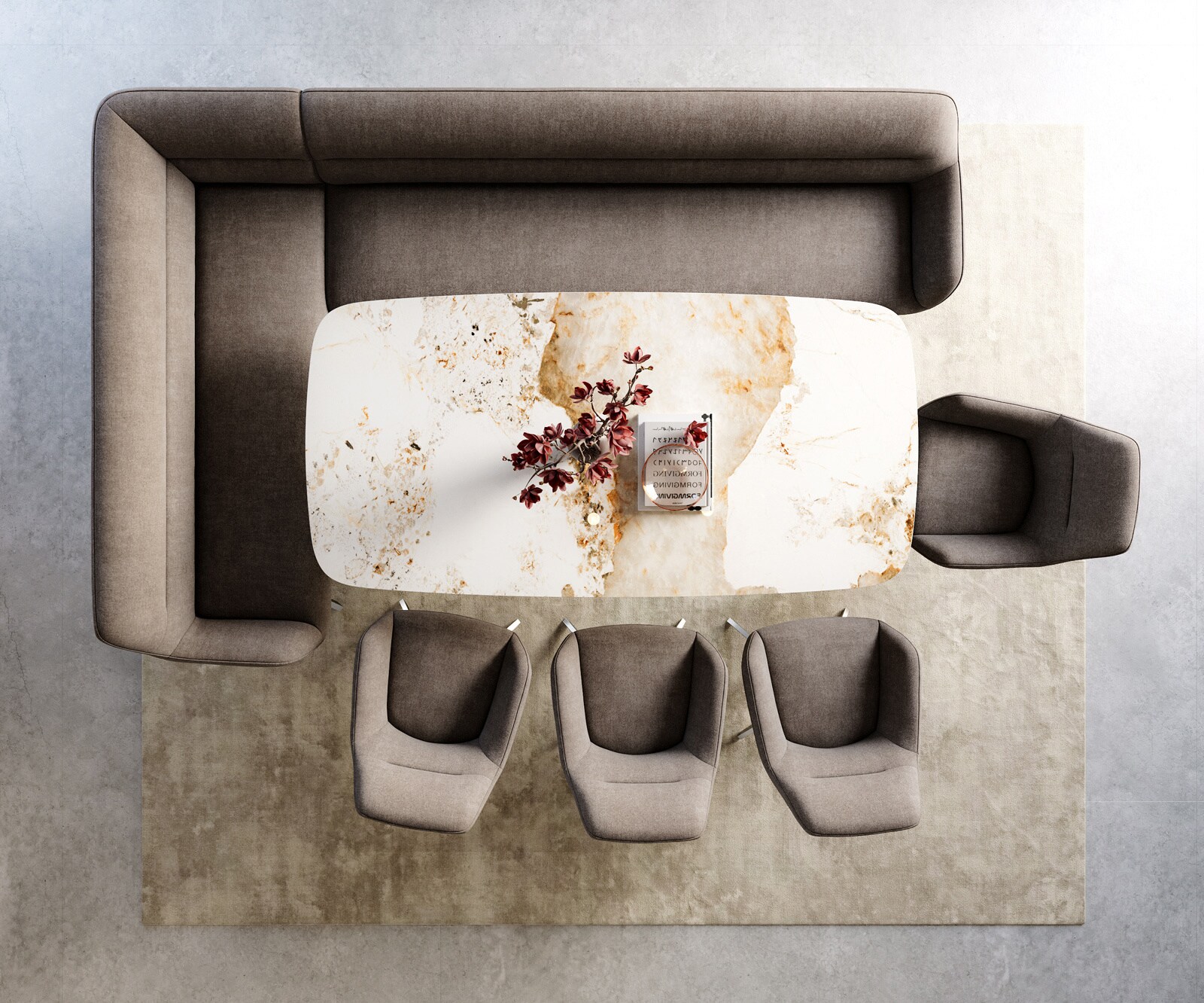 Eetkamerbank Taya-Flex 285x190 cm zachte stof met structuur taupe hoekig kruisframe roestvrij staal pocketvering rechts 6