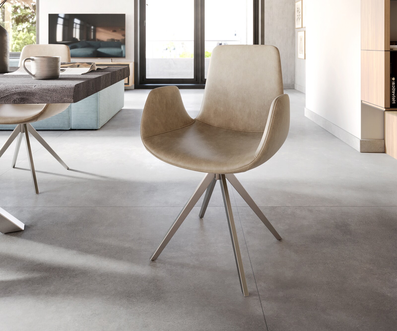 Eetkamerstoel Ilia-Flex met armleuning microvelours beige vintage kruisframe hoekig roestvrij staal
