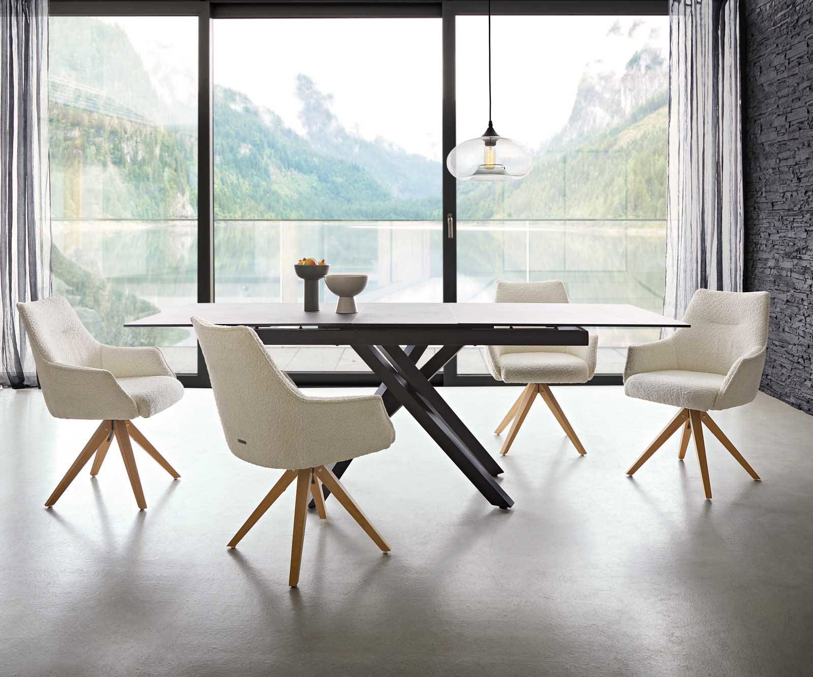 Draaistoel Alja-Flex met armleuning bouclé wit houten frame hoekig natuur 180° draaibaar pocketveer kern 5 Draaistoel Alja-Flex met armleuning bouclé wit houten frame hoekig natuur 180° draaibaar pocketveer kern 5