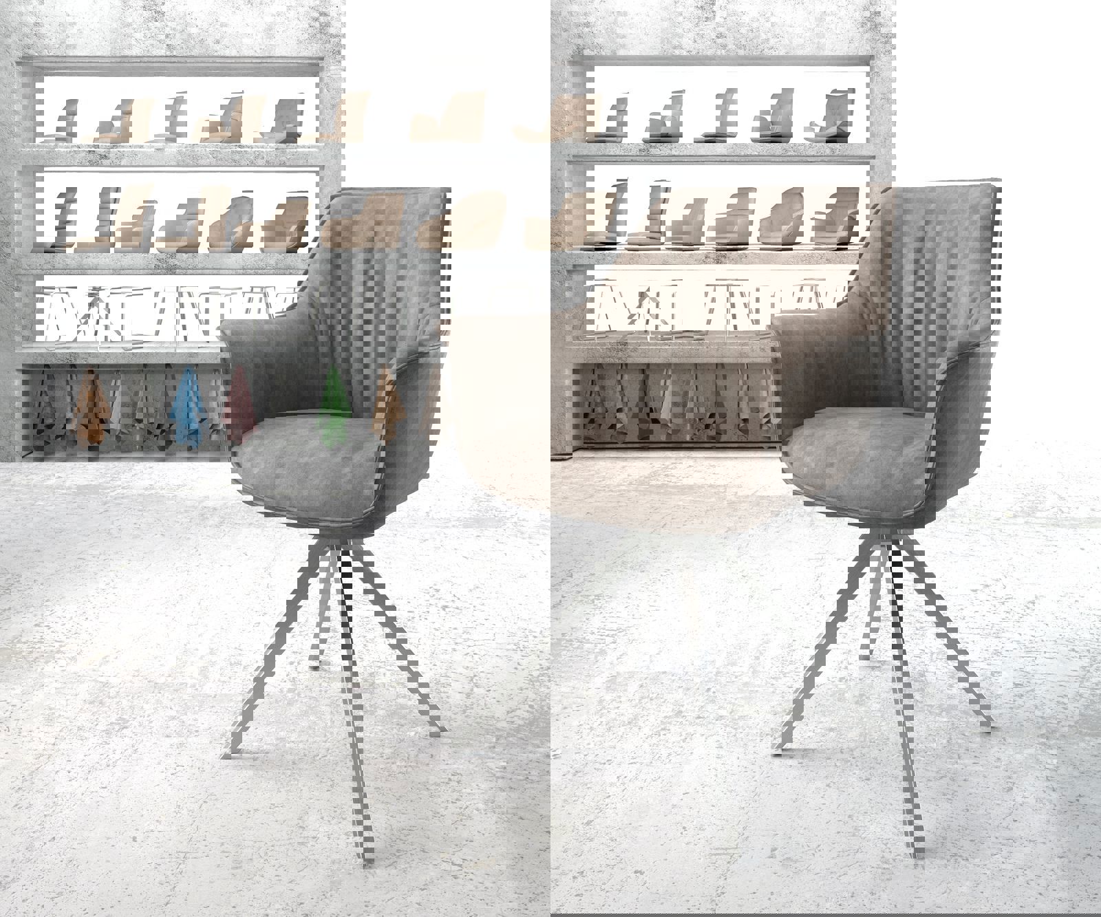 Eetkamerstoel Keila-Flex met armleuning microvelours taupe vintage kruisframe hoekig roestvrij staal