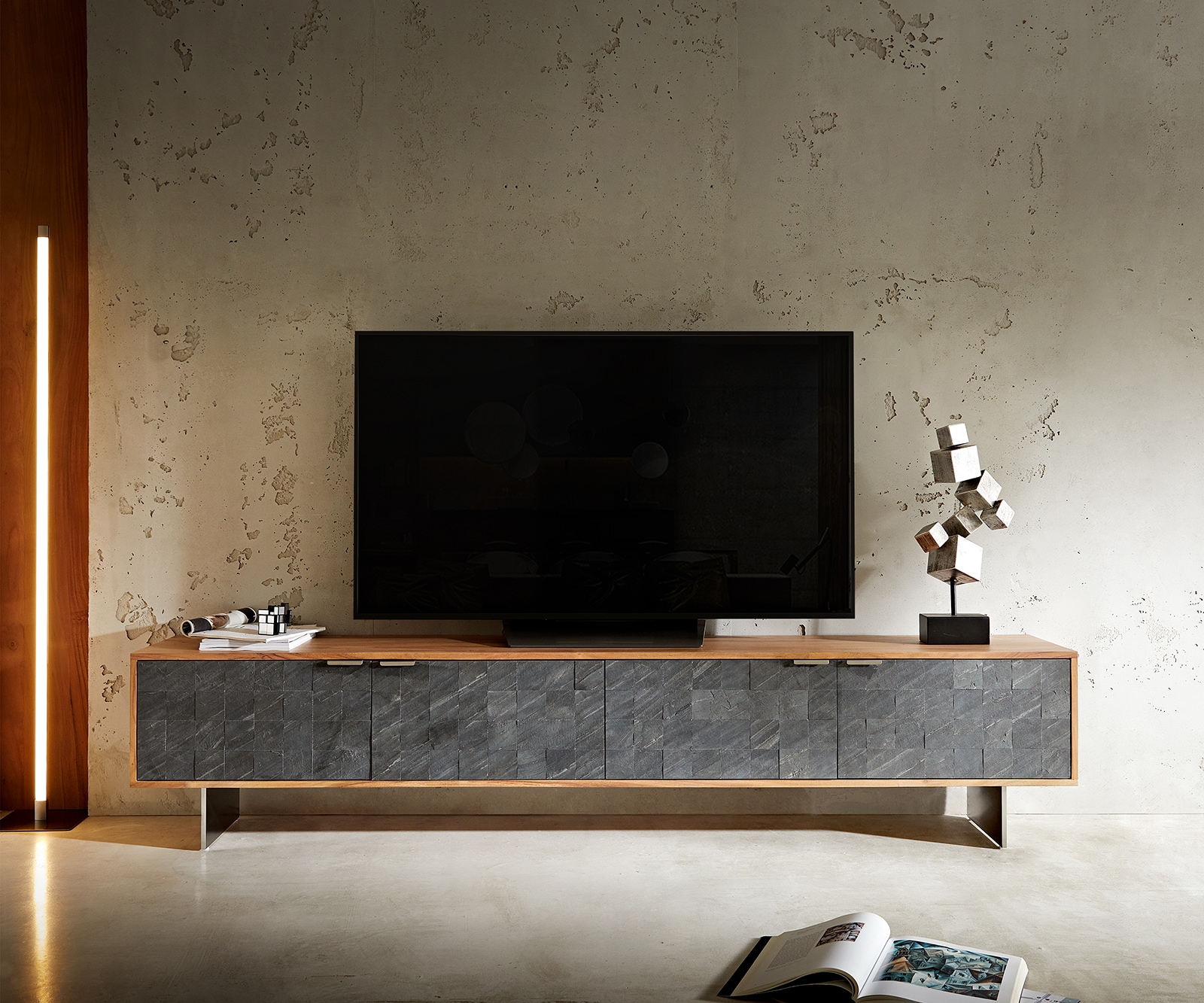 Tv-meubel Teele acacia natuur leisteen 220 cm 4 Deurs poot zwevend roestvrij staal 1 Tv-meubel Teele acacia natuur leisteen 220 cm 4 Deurs poot zwevend roestvrij staal 1