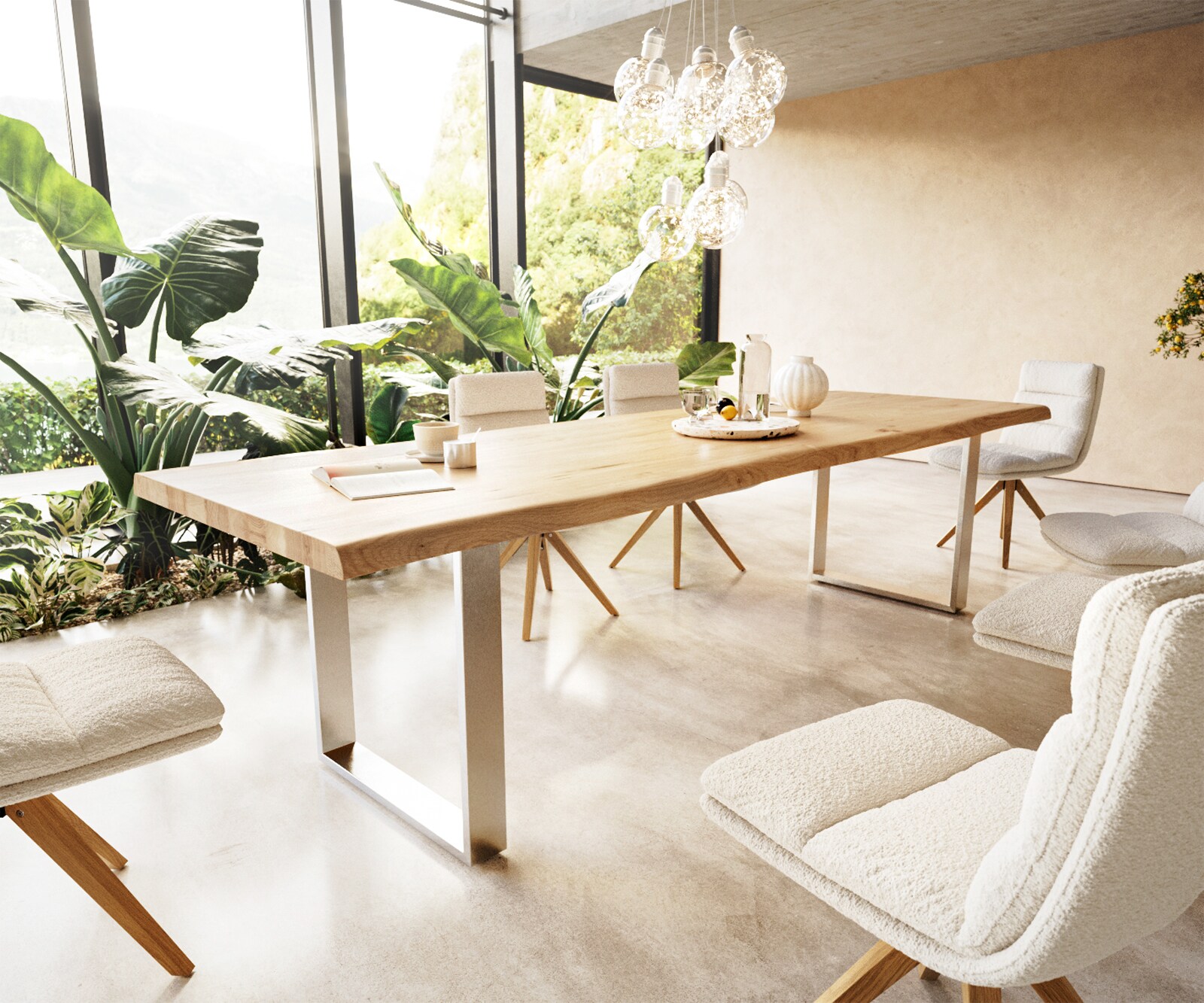 Eettafel Edge 300x100 eiken natuur roestvrij staal  smal  Live-Edge