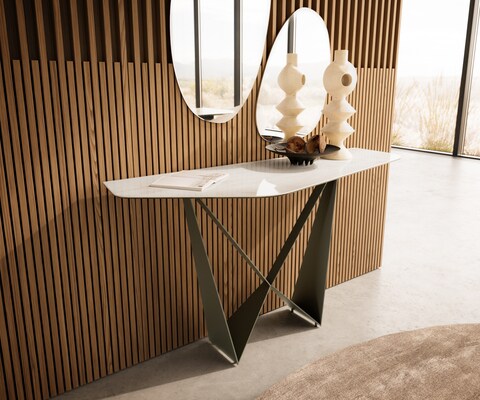 Consoletafel Edge Polygonaal 140x50 cm Keramiek Onyx Champagne Spios Metaal Effektfinish Titan