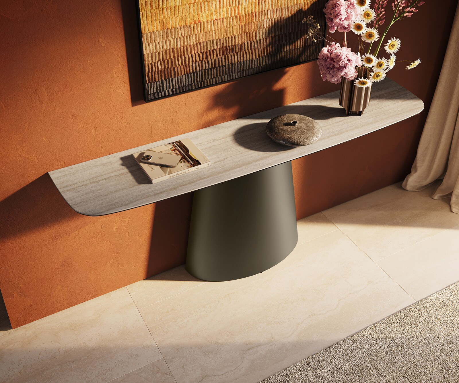 Consoletafel Edge Bootvorm 180x40 cm Keramiek Laminam® Travertino Bianco Creme-Weiß Conos Metaal Effektfinish Titan 4