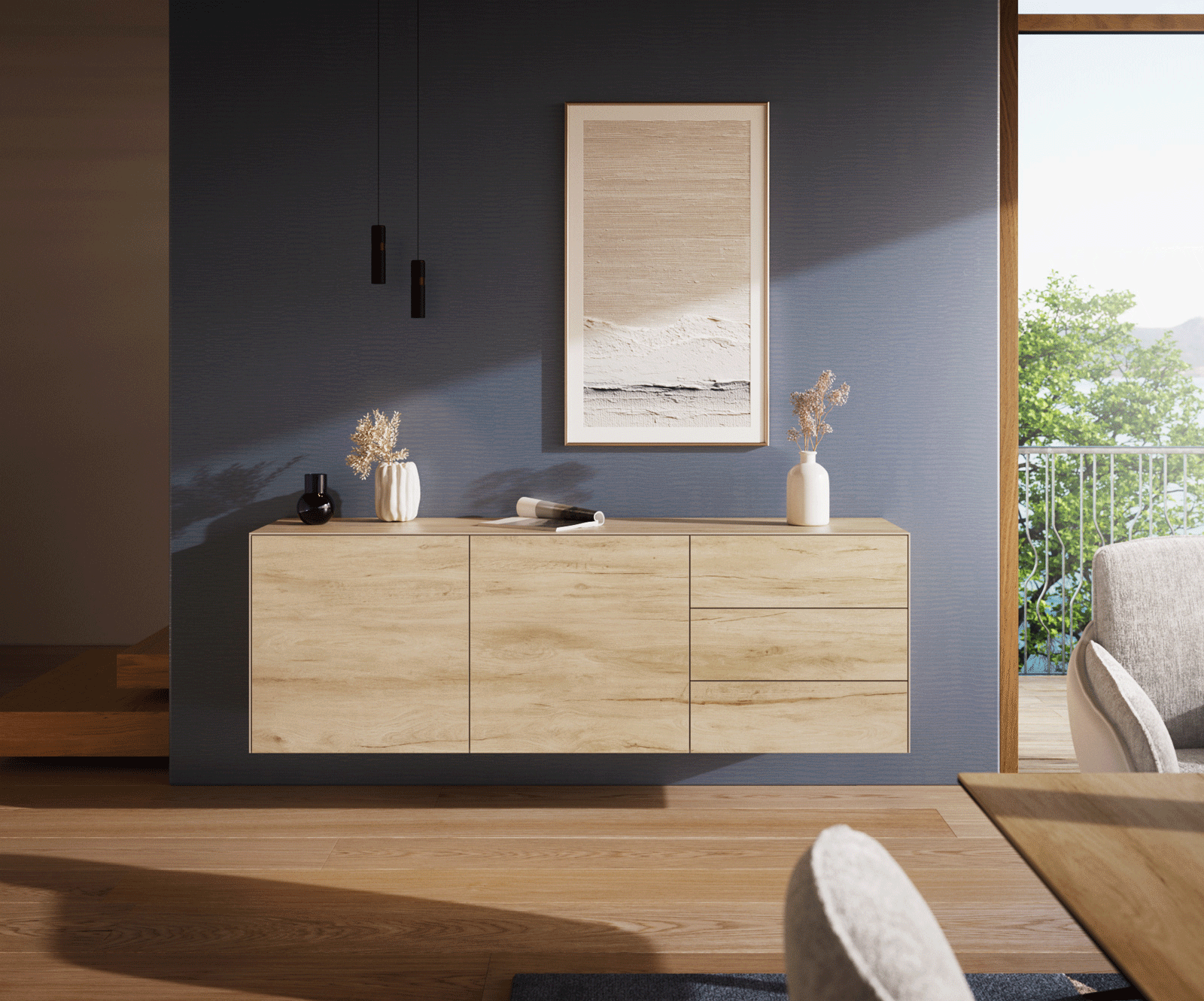 Dressoir Cuor 180 cm Keramiek Laminam® Sabbia Eiken gekleurd 2 Deuren 3 Laden Zwevend 2