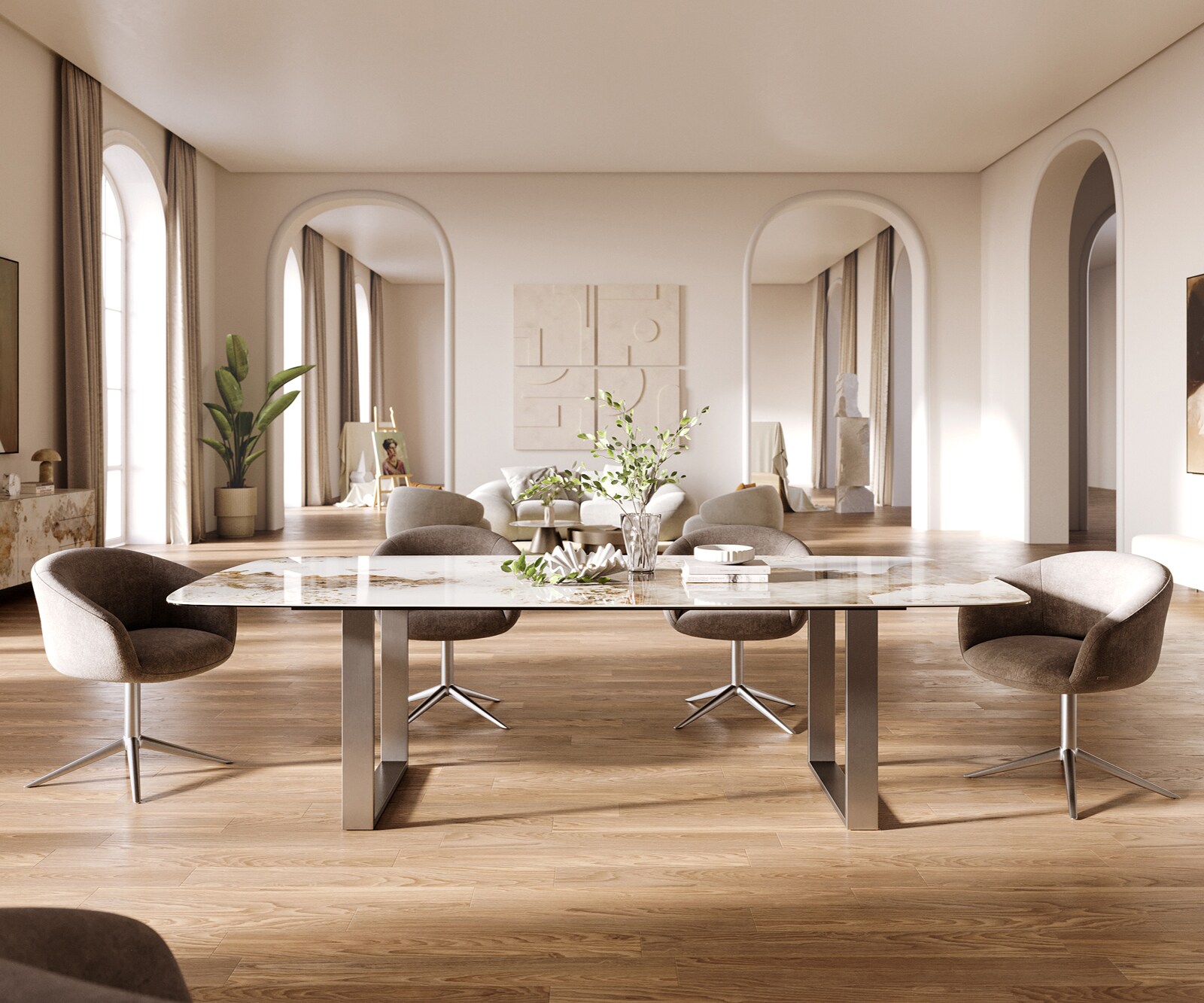 Eettafel Edge Boot 260x120 cm Keramiek Minas Melange Wit-Beige Roestvrij staal Schmal 1
