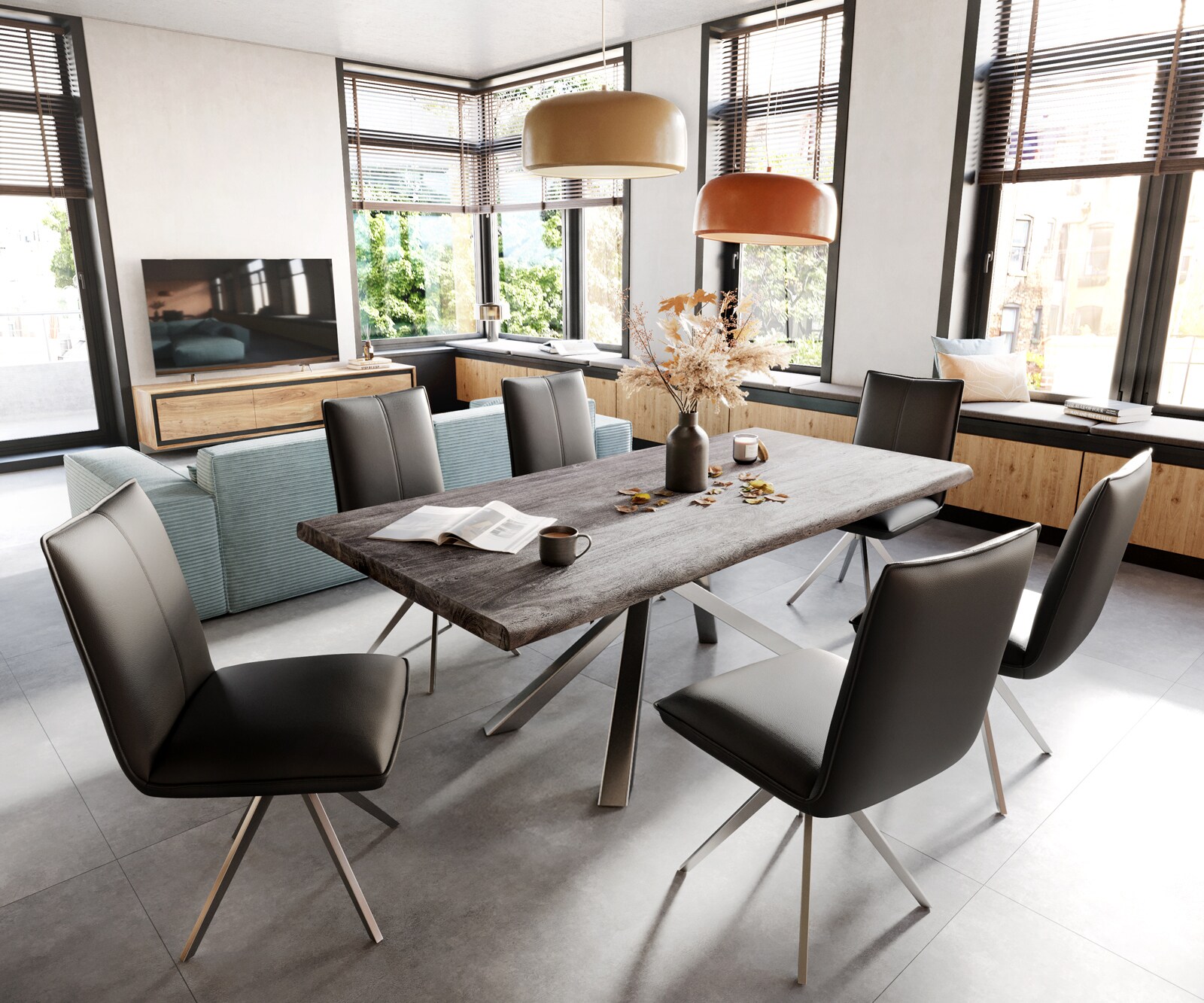 Eettafel Edge 200x100 XL acacia platina Kreuzframe rechthoek edelstaal Live-Edge 5