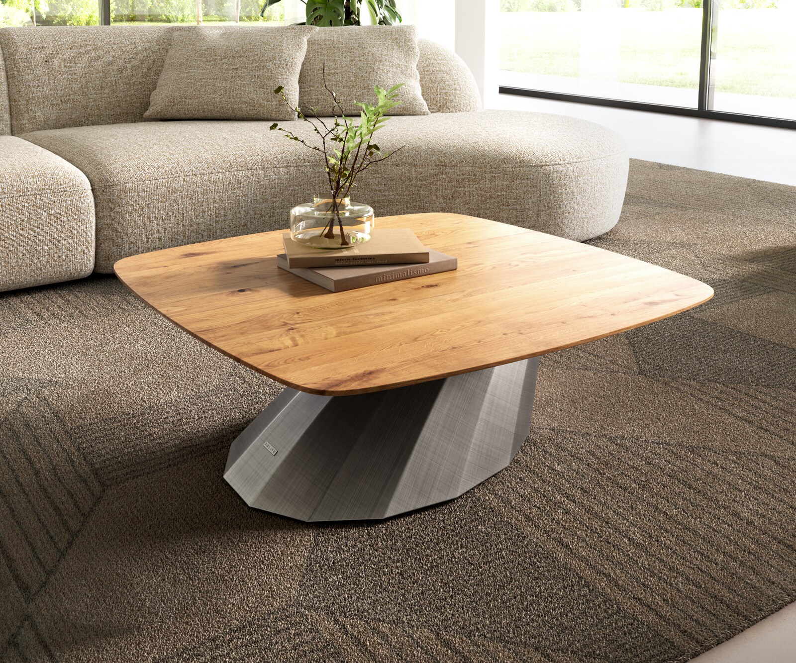 Salontafel Edge Boot 90x90 cm Eiken Naturel Zwitserse rand Parabi metallic zilver