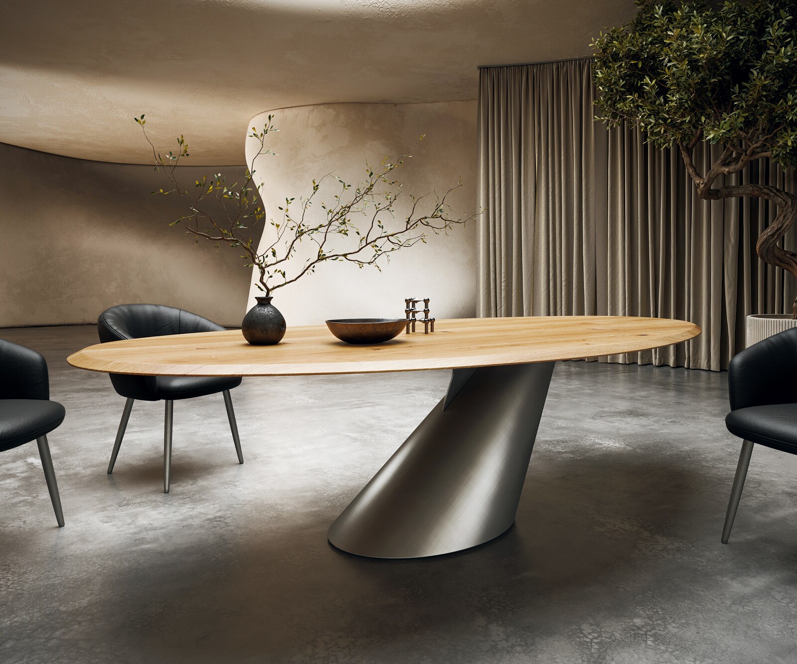 Eettafel Edge Oval 280x130x2,5 eiken natuur Cono metaal zilver Flow-Edge