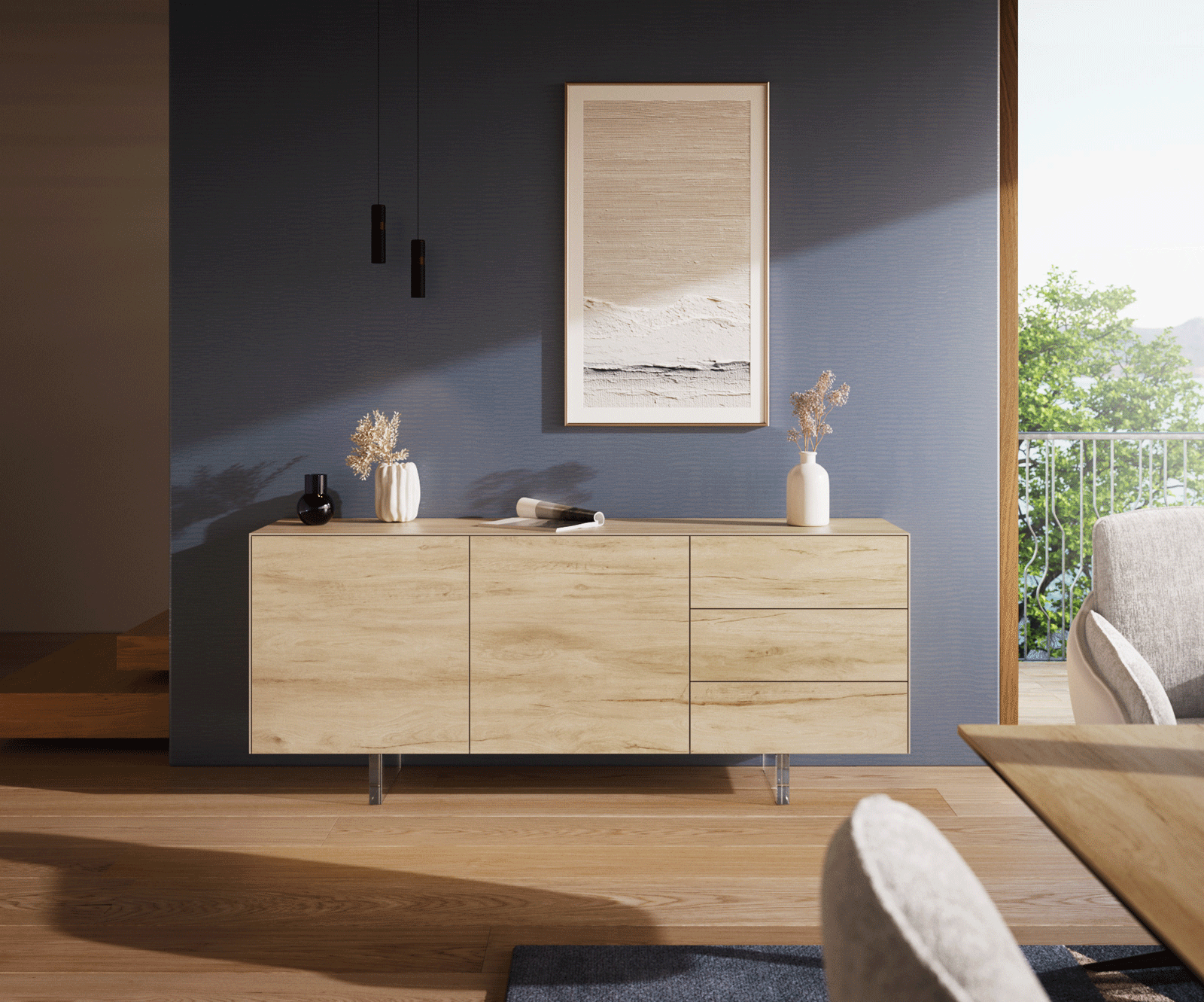 Dressoir Cuor 180 cm Keramiek Laminam® Sabbia Eiken gekleurd 2 Deuren 3 Laden Zwevende voet look Acrylglas 1