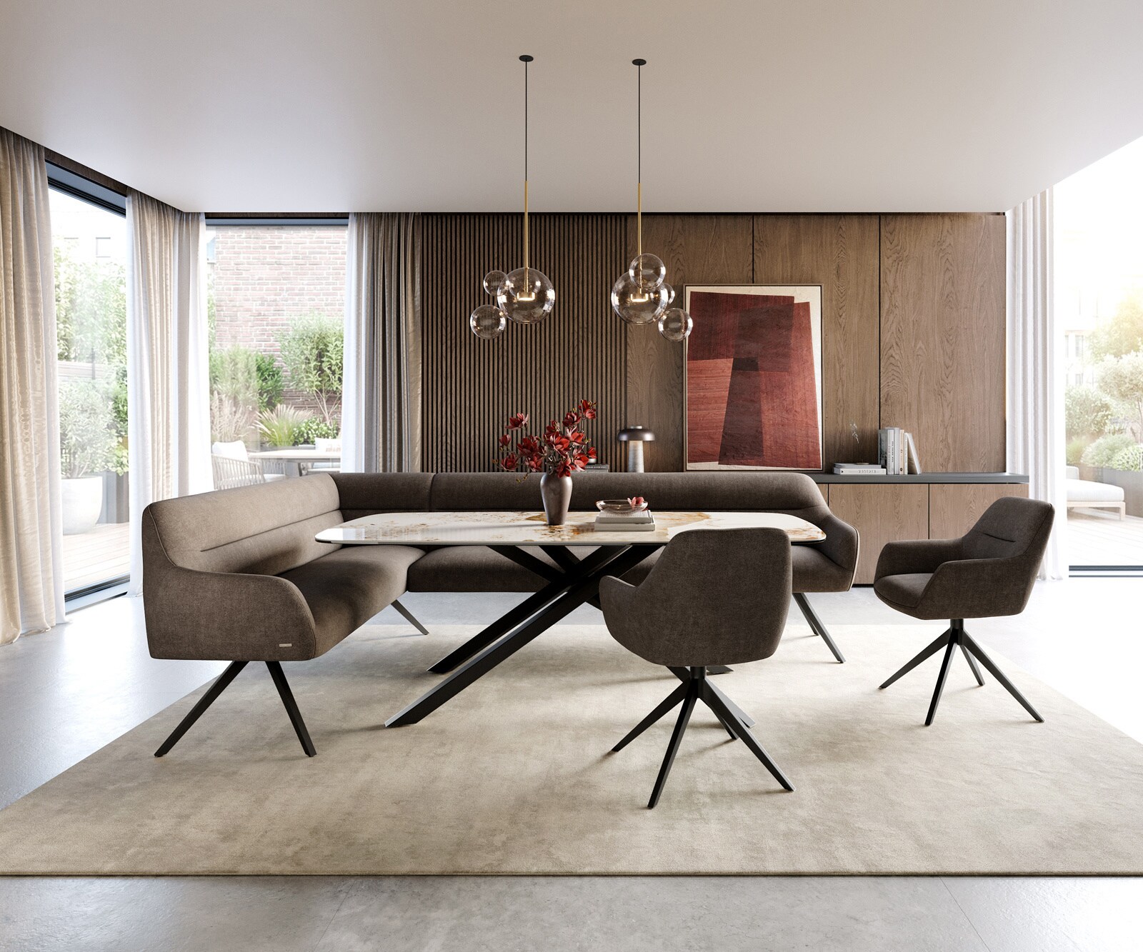 Eetkamerbank Taya-Flex 285x190 cm zachte stof met structuur taupe hoekig kruisframe zwart pocketvering rechts 1
