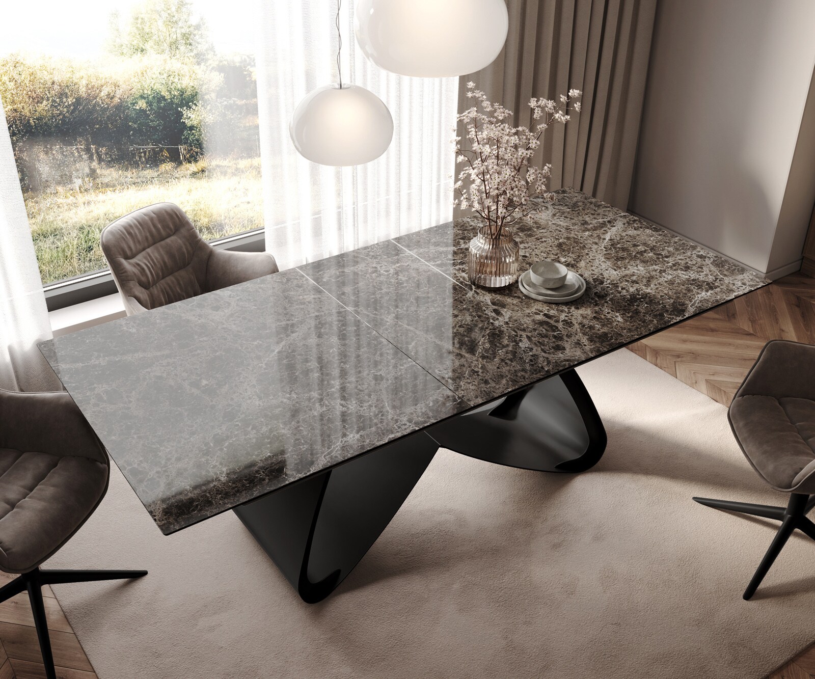 Eettafel Edge 180-220x90 keramiek  Laminam® Emperador Extra Lucidato donkerbruin W-frame zwart uitrekbaar 4