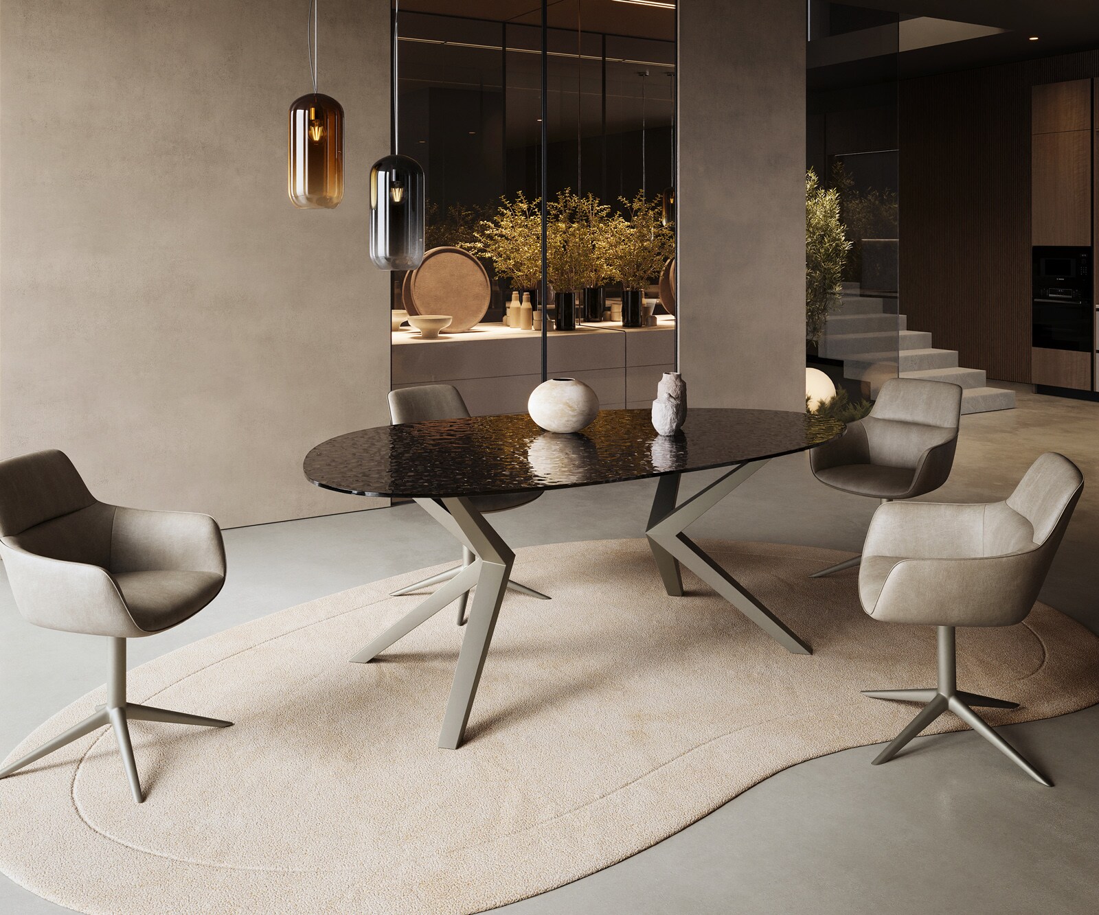 Eetkamertafel Edge ovaal 220x120 reliëfglas Rauchzwart 3D-Design Zenthara hoekig metaal effectafwerking titaan 4