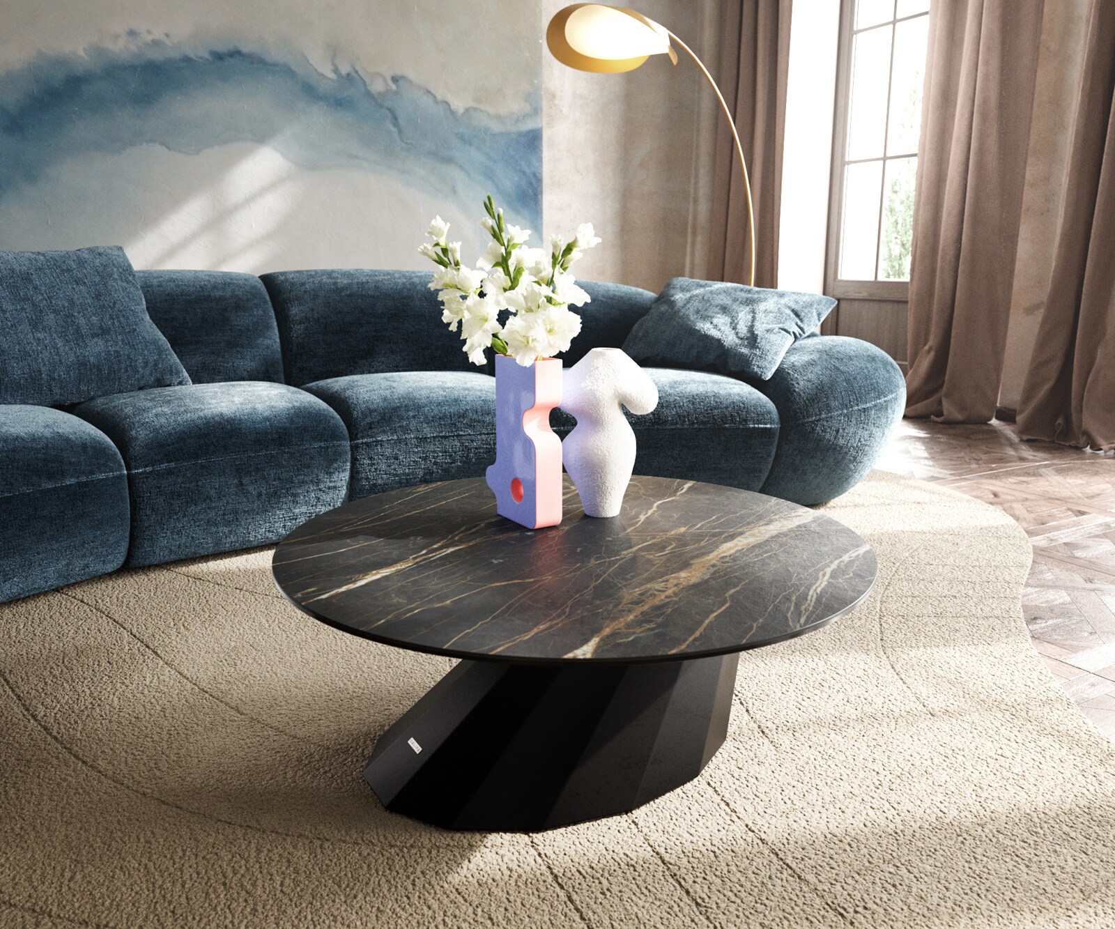 Salontafel Edge rond 90x90 cm keramiek Laminam® Noir Desir bruin Parabi zwart metaal 1
