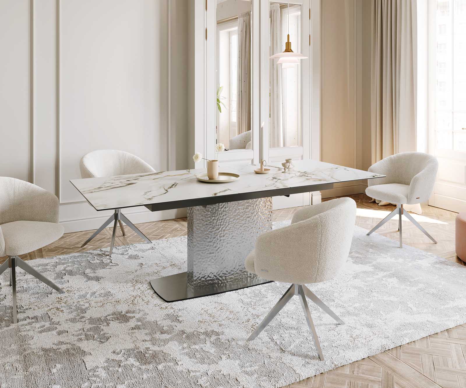 Eetkamertafel Edge 180-220x100 keramiek Calacatta Luxe wit-goud-grijs Wave RVS uitschuifbaar 8