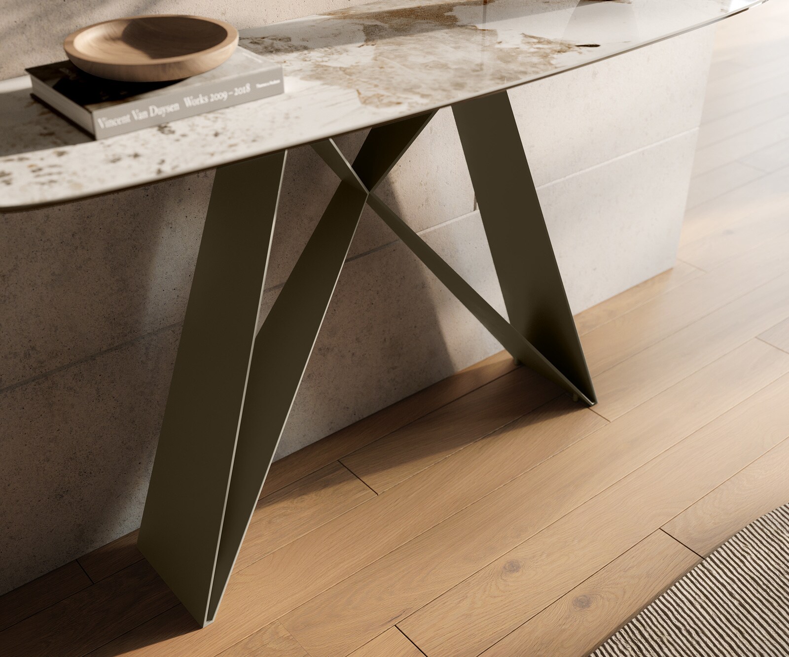 Consoletafel Edge Bootvorm 140x40 cm Keramiek Minas Melange Weiß-Beige Velio Metaal Effektfinish Titan 6