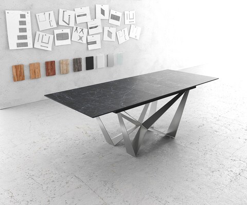 Eettafel Edge 180-220x100cm Laminam® keramiek grijs middenpoot vlak staal zilver