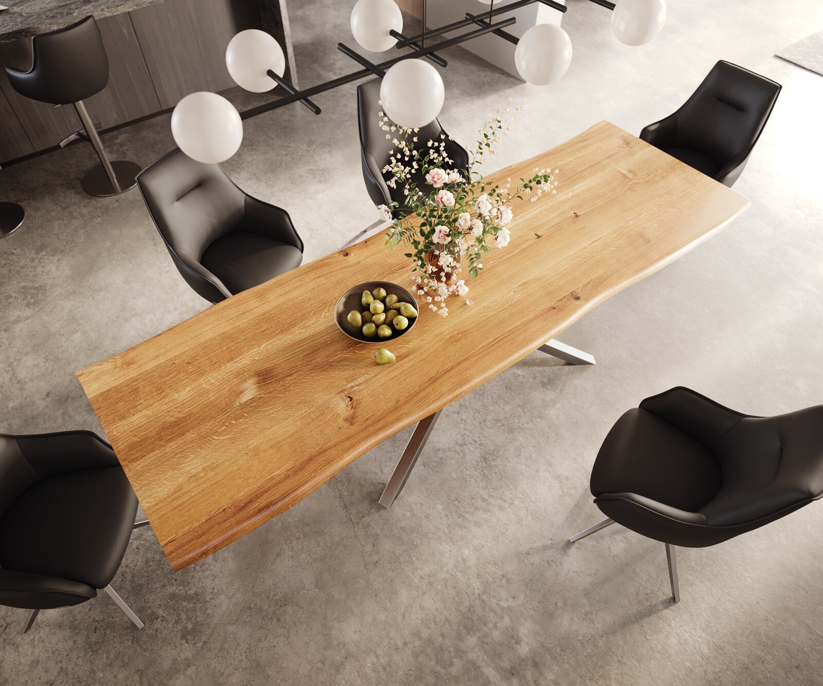 Eettafel Edge 300x100x4 eiken natuur kruisframe rechthoek RVS Live-Edge 3