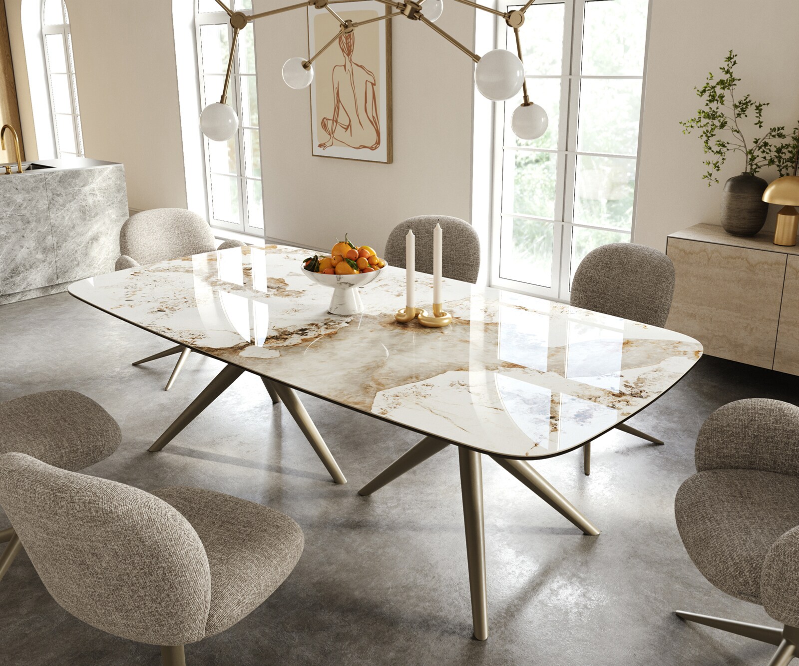 Eettafel Edge Boot 240x120 cm Keramiek Minas Melange Wit-Beige Estelar rond Metaal Effectafwerking Titan