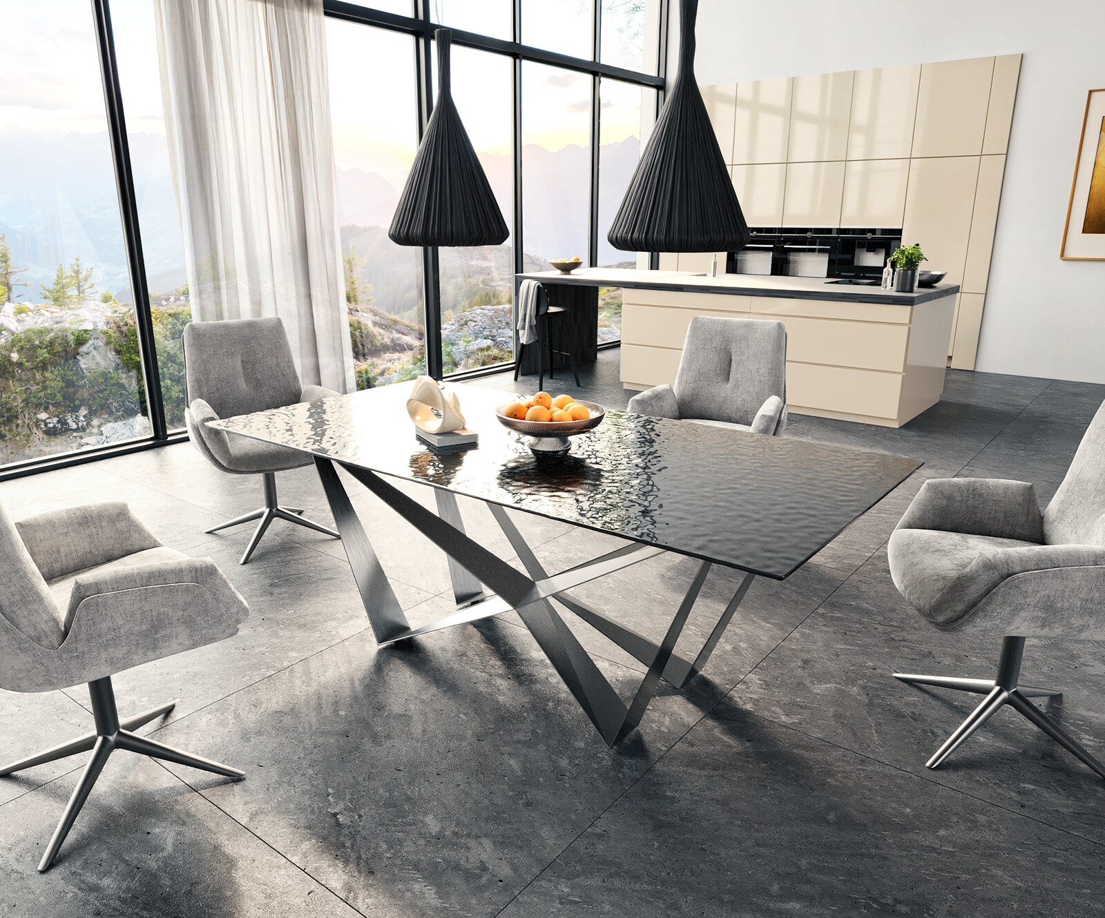 Eetkamertafel Edge 200x100 Glas smelten rokerig zwart 3D-Relief spider vlak staal RVS 5
